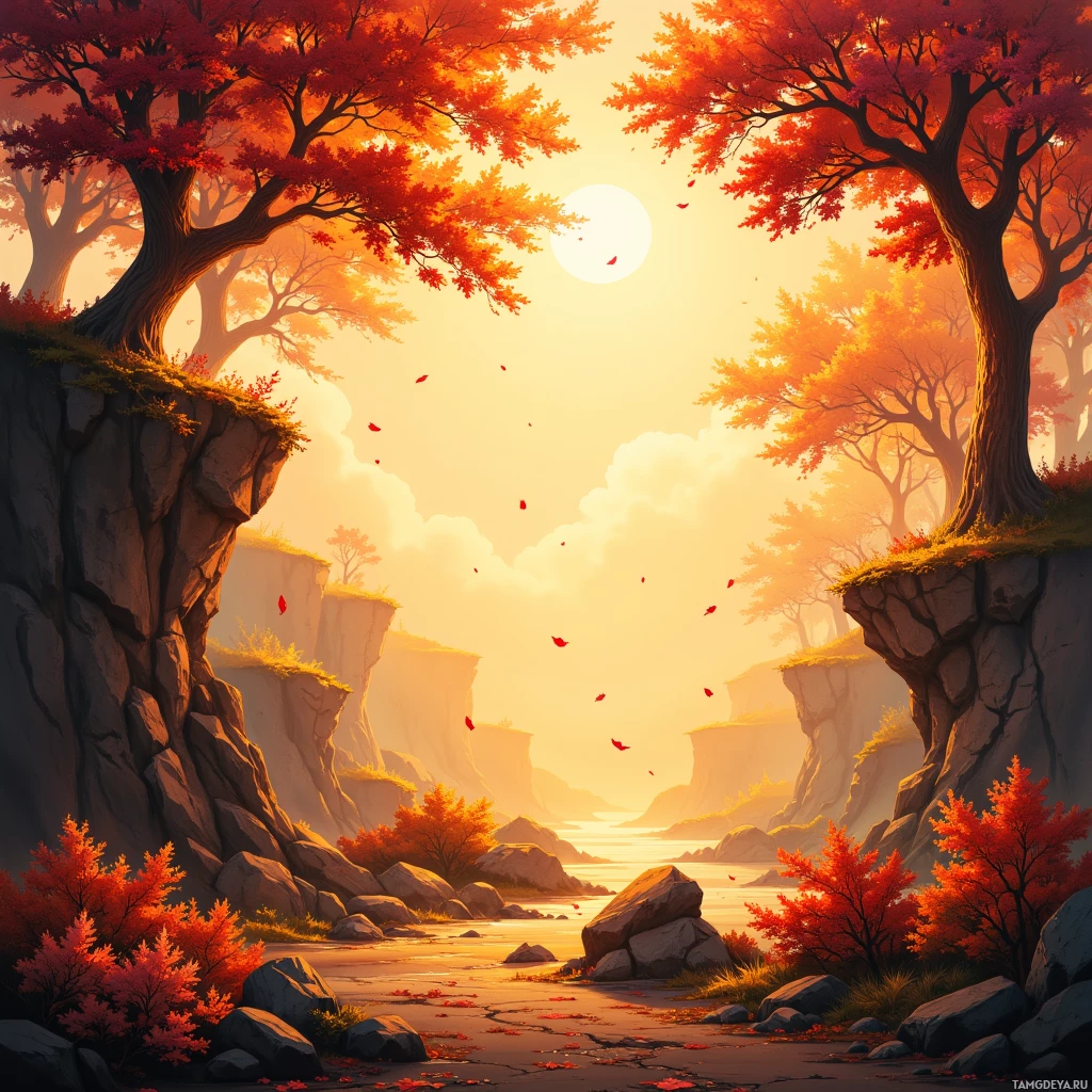 A serene autumn landscape with vibrant red foliage, rocky cliffs, and a tranquil river under a warm, golden sky.