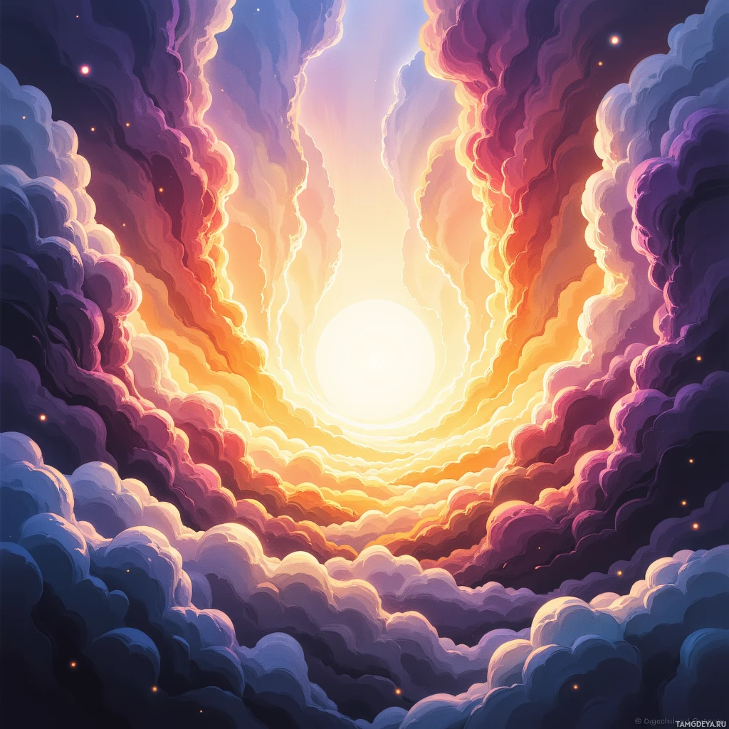 A vibrant, ethereal sky with swirling clouds and a glowing sun at the center.