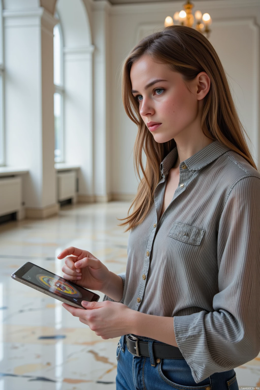 A woman in a button-up shirt and jeans stands indoors, holding and looking at a tablet.