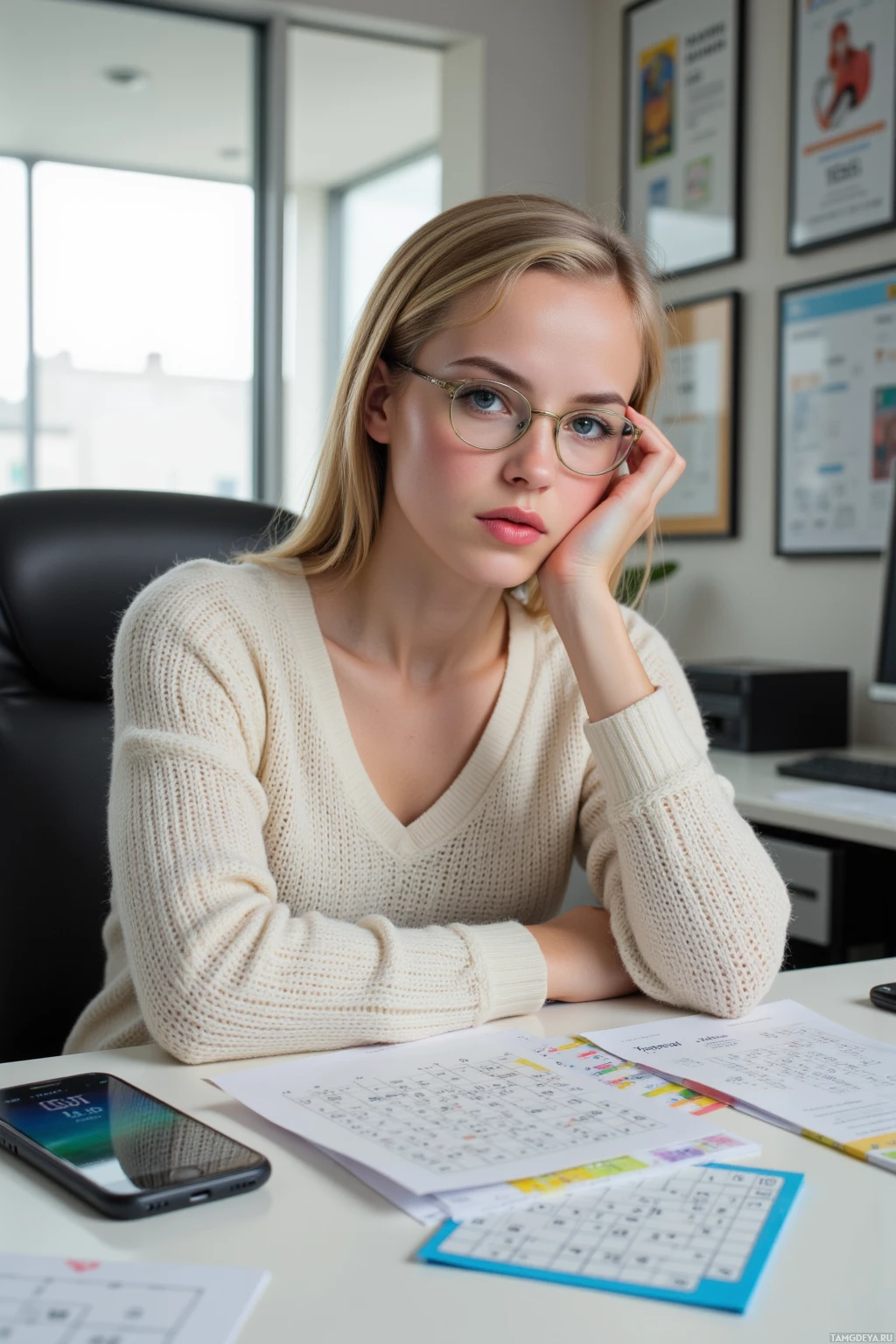 A woman in a light sweater sits at a desk with papers and a phone, appearing thoughtful.