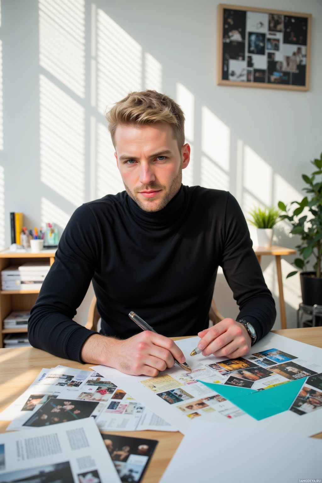 A person in a black turtleneck shirt is seated at a desk, working with papers and a pen.