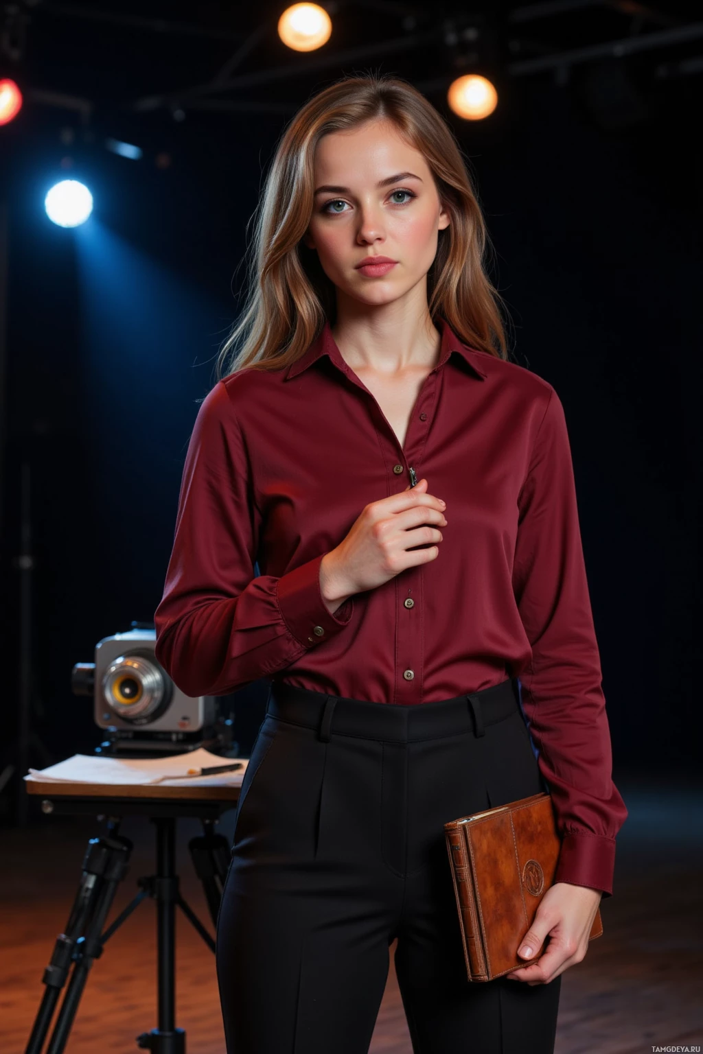 A woman in a maroon shirt and black pants holds a brown book, standing in a studio setting with a camera and papers on a table.