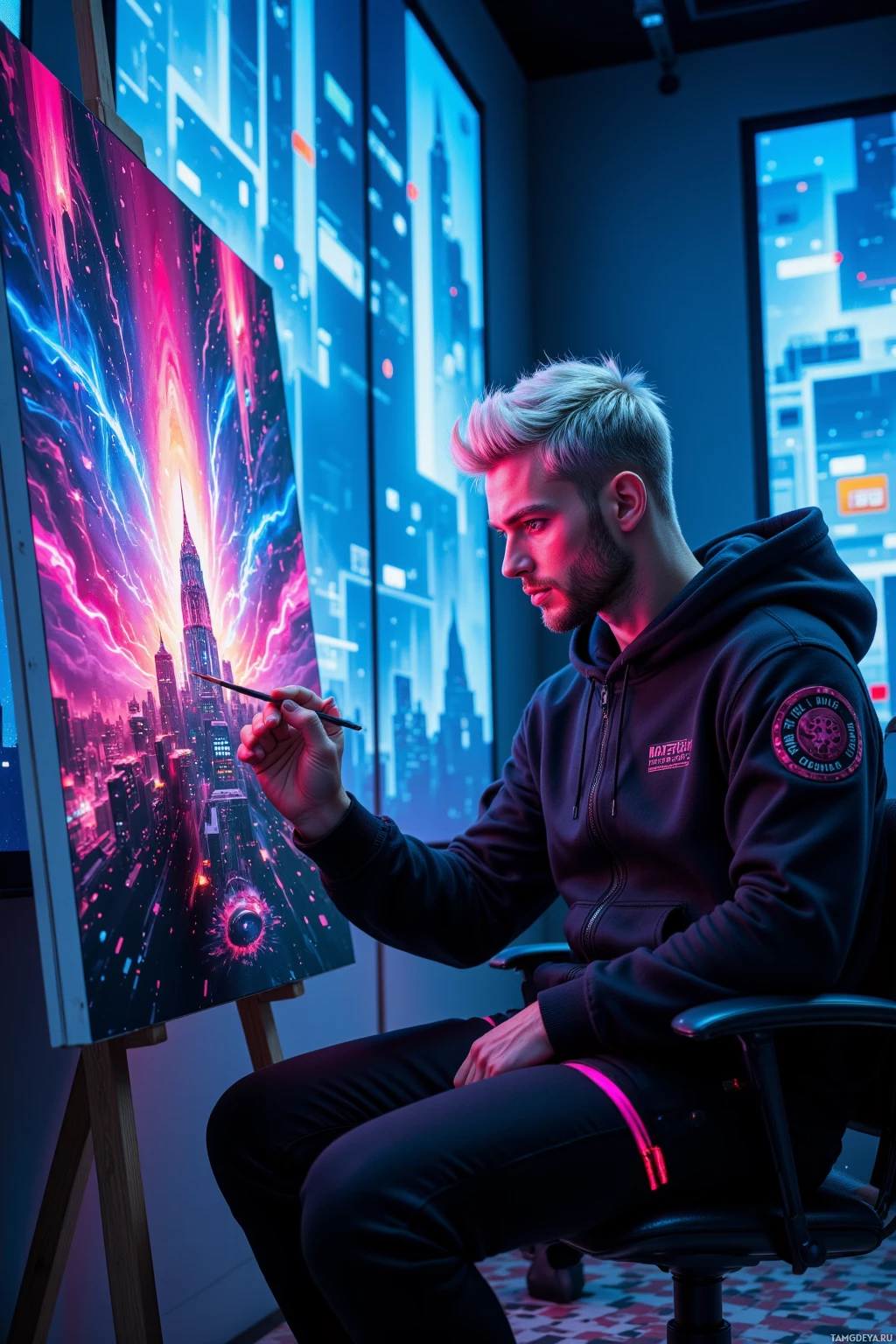 A person in a hoodie is painting a vibrant, futuristic cityscape on an easel.