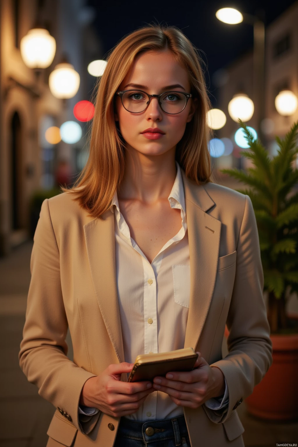 A woman in a beige blazer and white shirt stands on a street at night, holding a phone.
