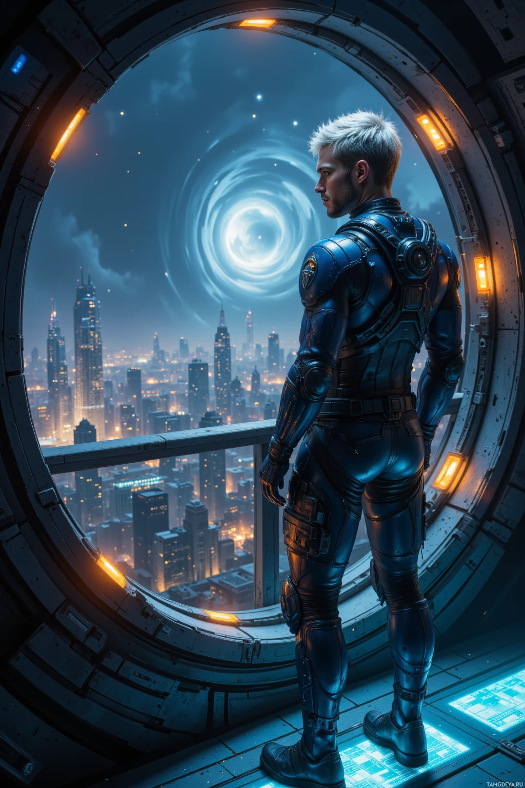 A person in futuristic armor stands at a circular window overlooking a glowing cityscape.