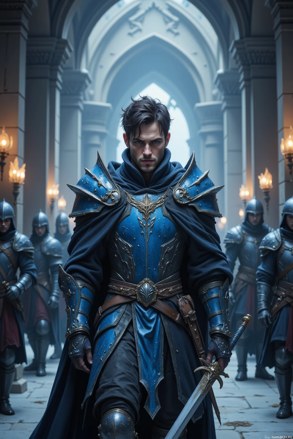 A knight in blue armor stands in a grand, arch-lit hallway, holding a sword.