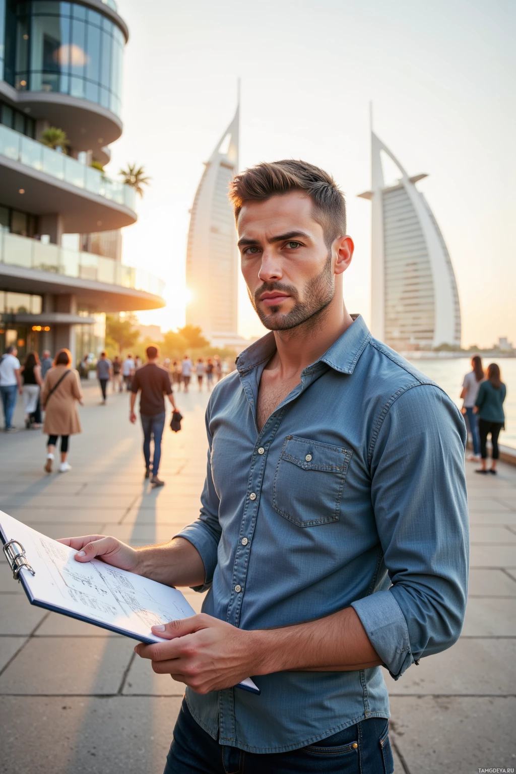 A man in a blue shirt stands outdoors holding a clipboard, with a modern building and people in the background.