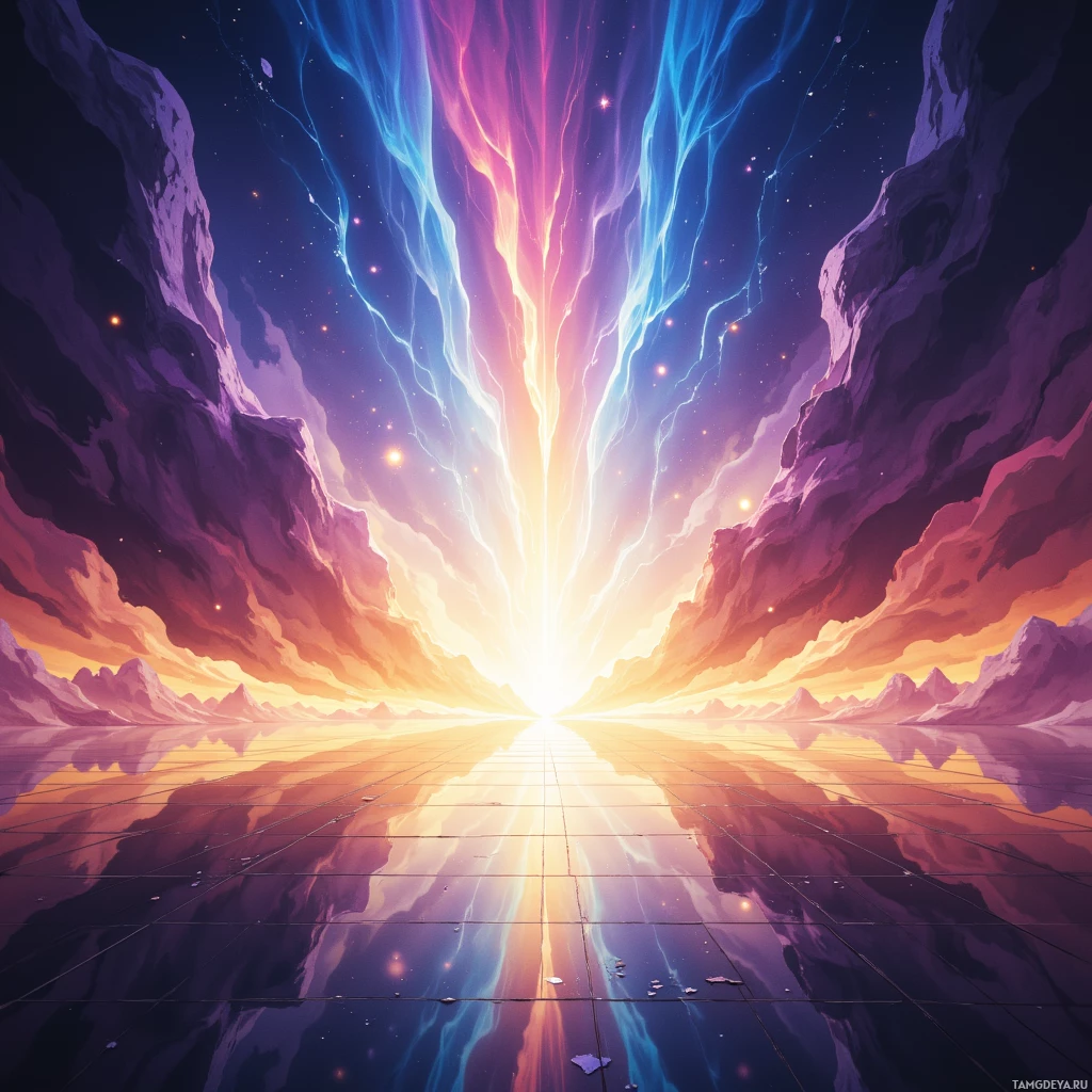 A vibrant, cosmic landscape with glowing streaks of light and reflective water.