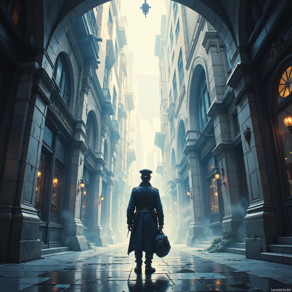 A lone figure in a blue uniform stands at the end of a narrow, sunlit alleyway between tall, ornate buildings.