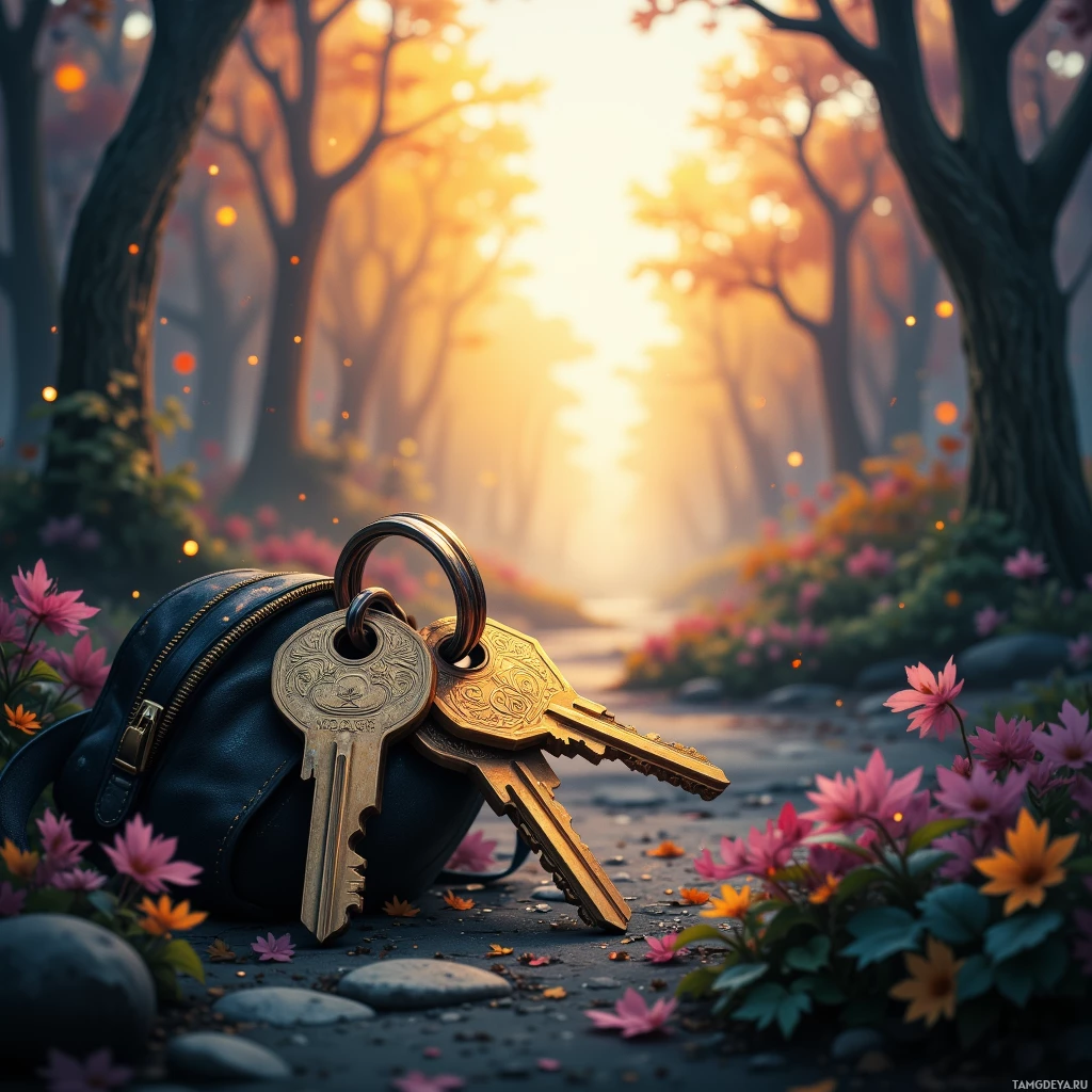 A pair of ornate keys rests on a blue bag amidst a serene forest scene with blooming flowers and golden light.