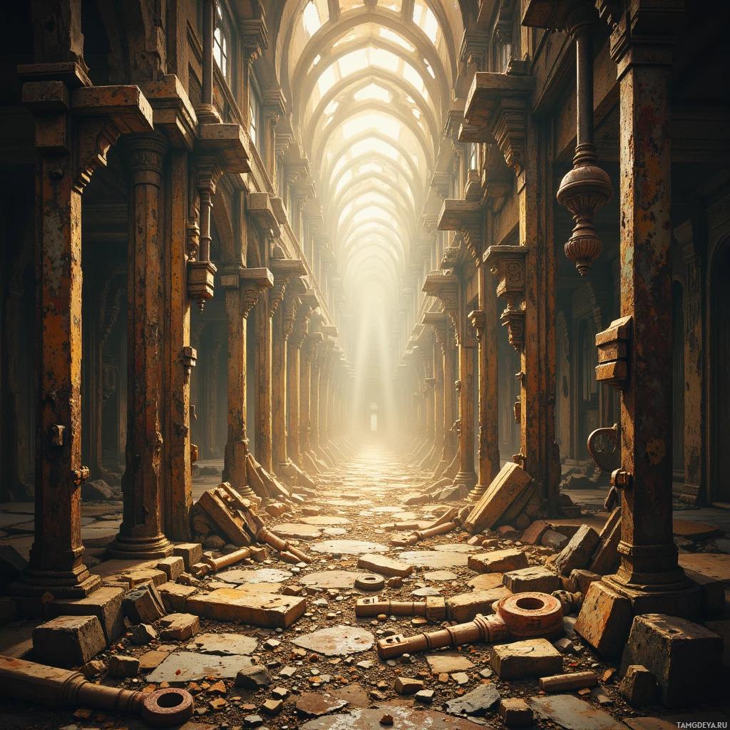 A dilapidated, sunlit corridor with broken columns and debris on the floor.