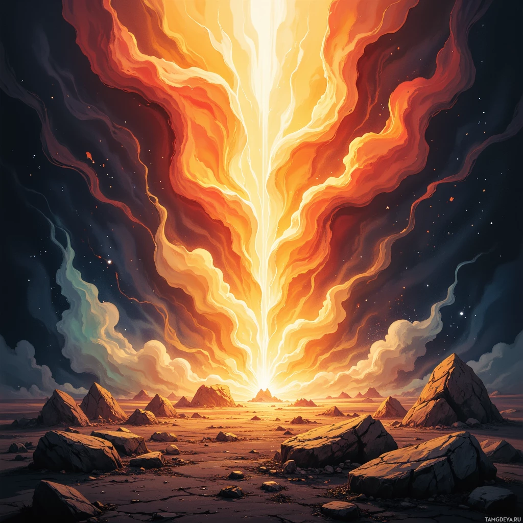 A fiery, radiant burst of light ascends from a rocky landscape under a starry sky.