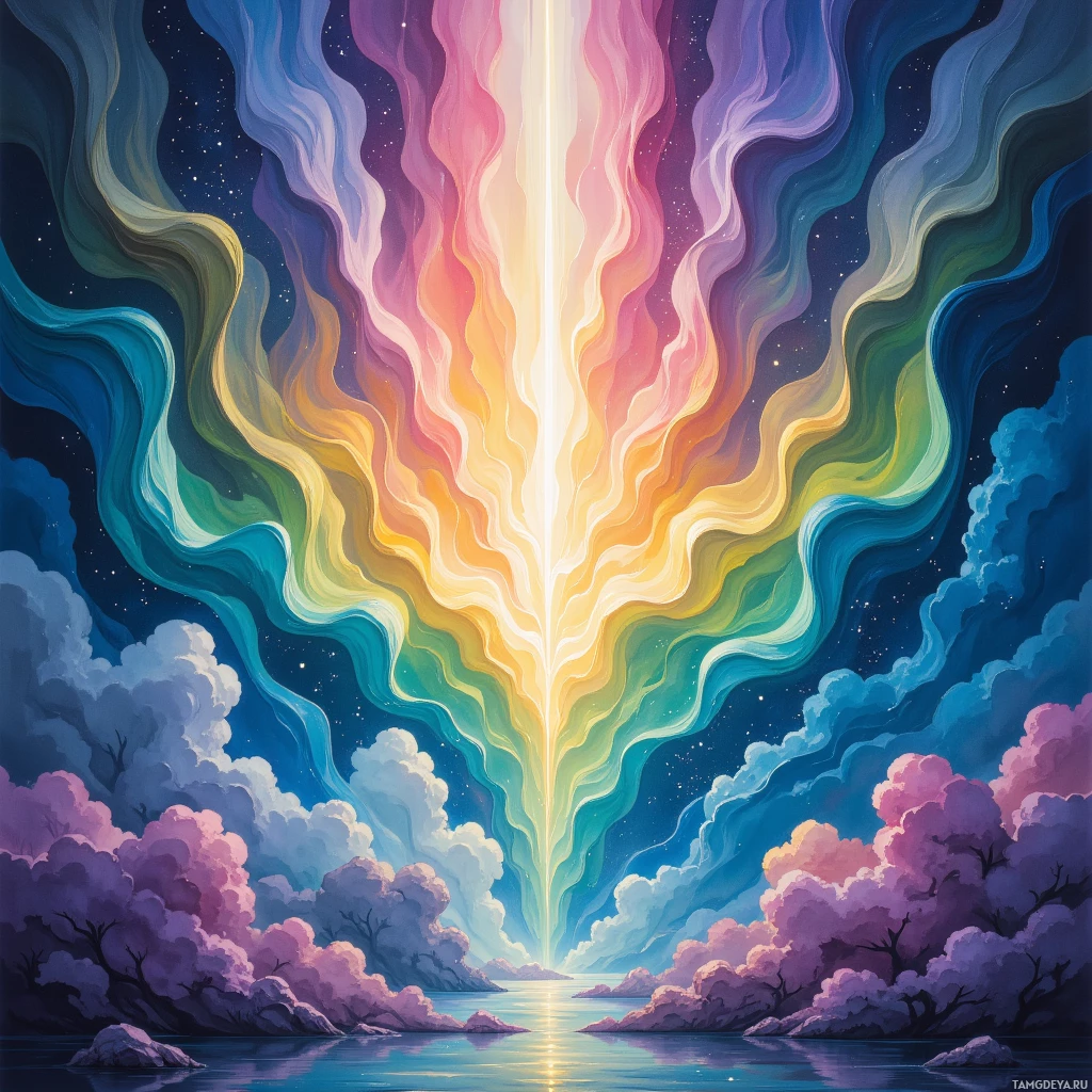 A vibrant, abstract painting featuring a radiant light beam descending from the sky, surrounded by swirling colors and a serene landscape below.