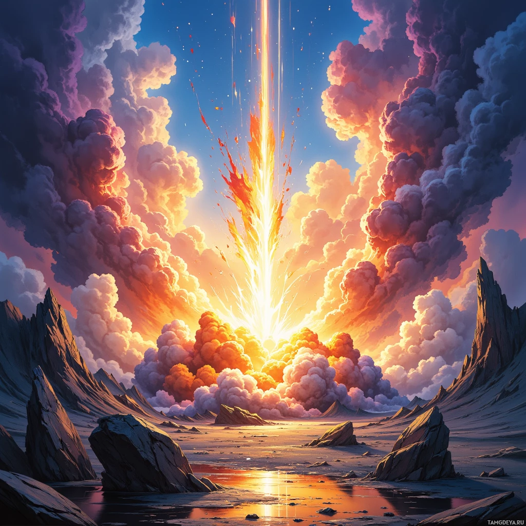 A dramatic skyburst with fiery rays and billowing clouds over rugged, icy terrain.