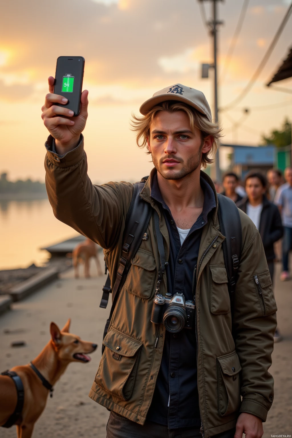 A man holding a smartphone with a charging battery icon, standing outdoors near a dog.
