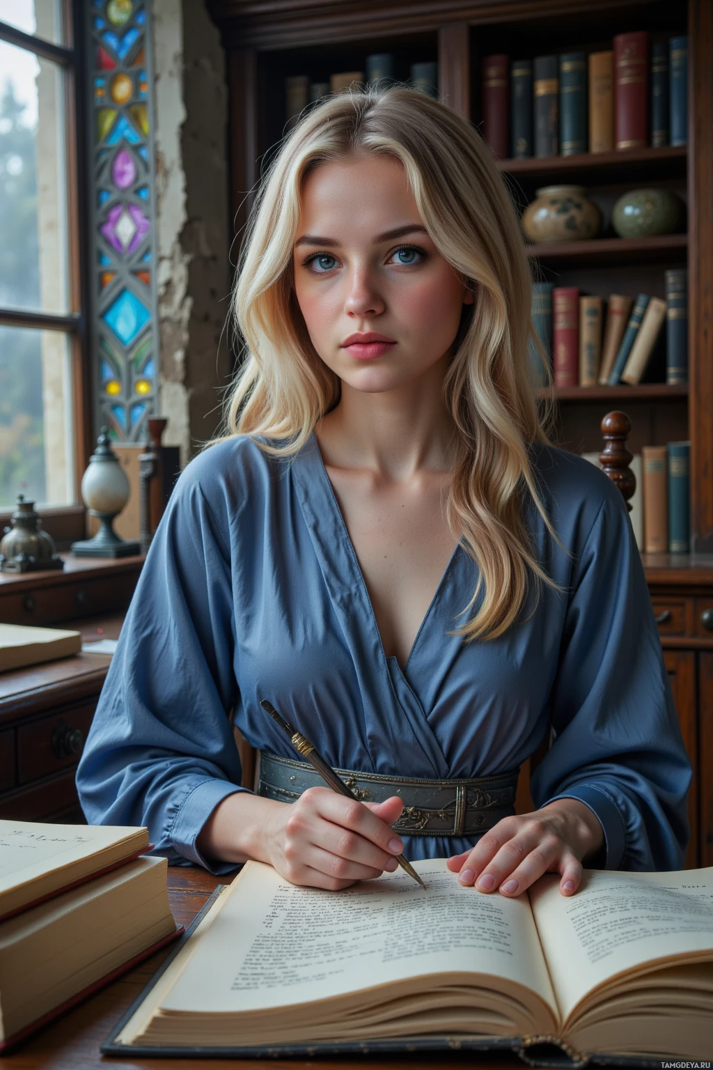 A woman in a blue dress sits at a desk with books, holding a pen and looking at an open book.