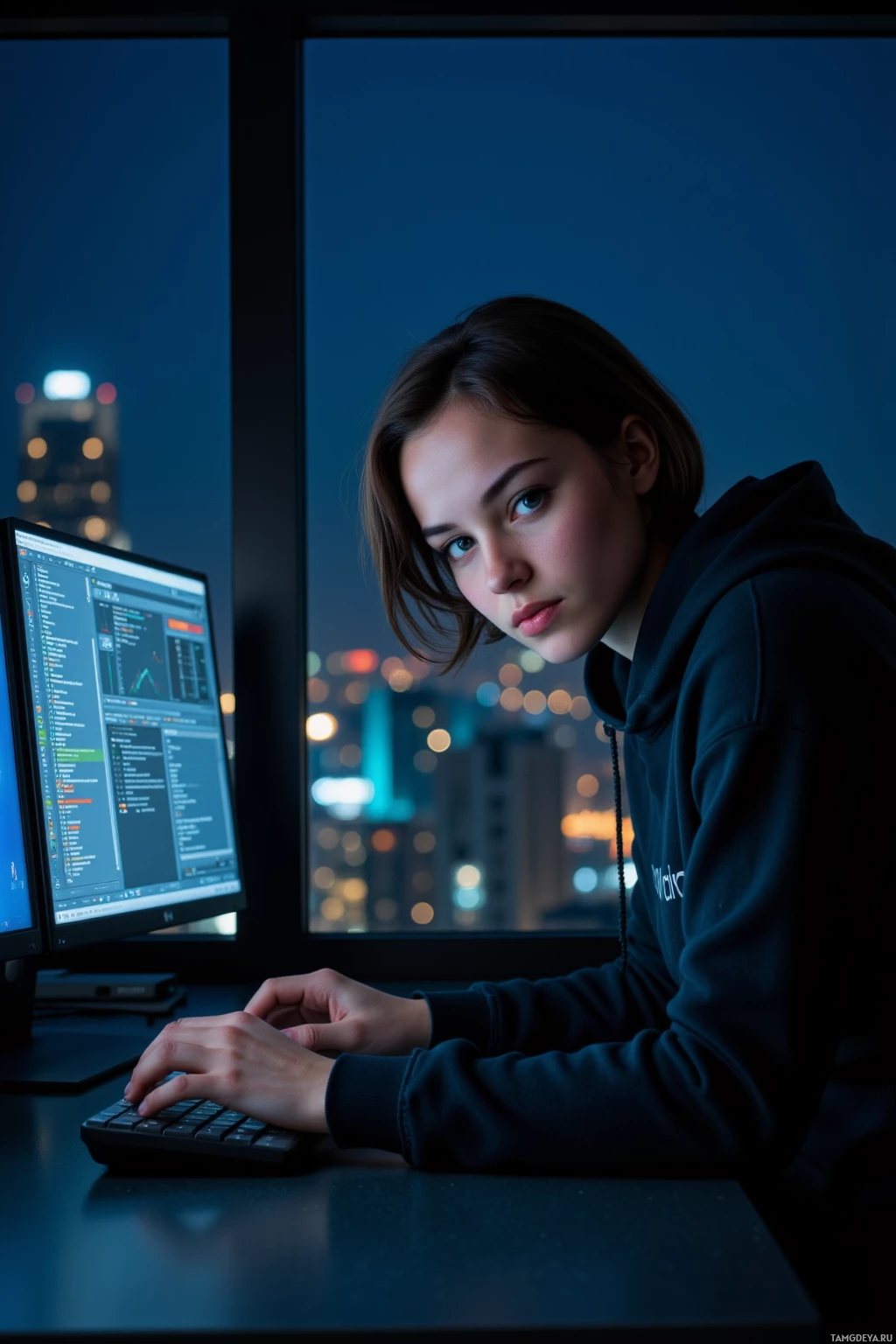 A person in a hoodie works at a computer with a cityscape visible through the window.