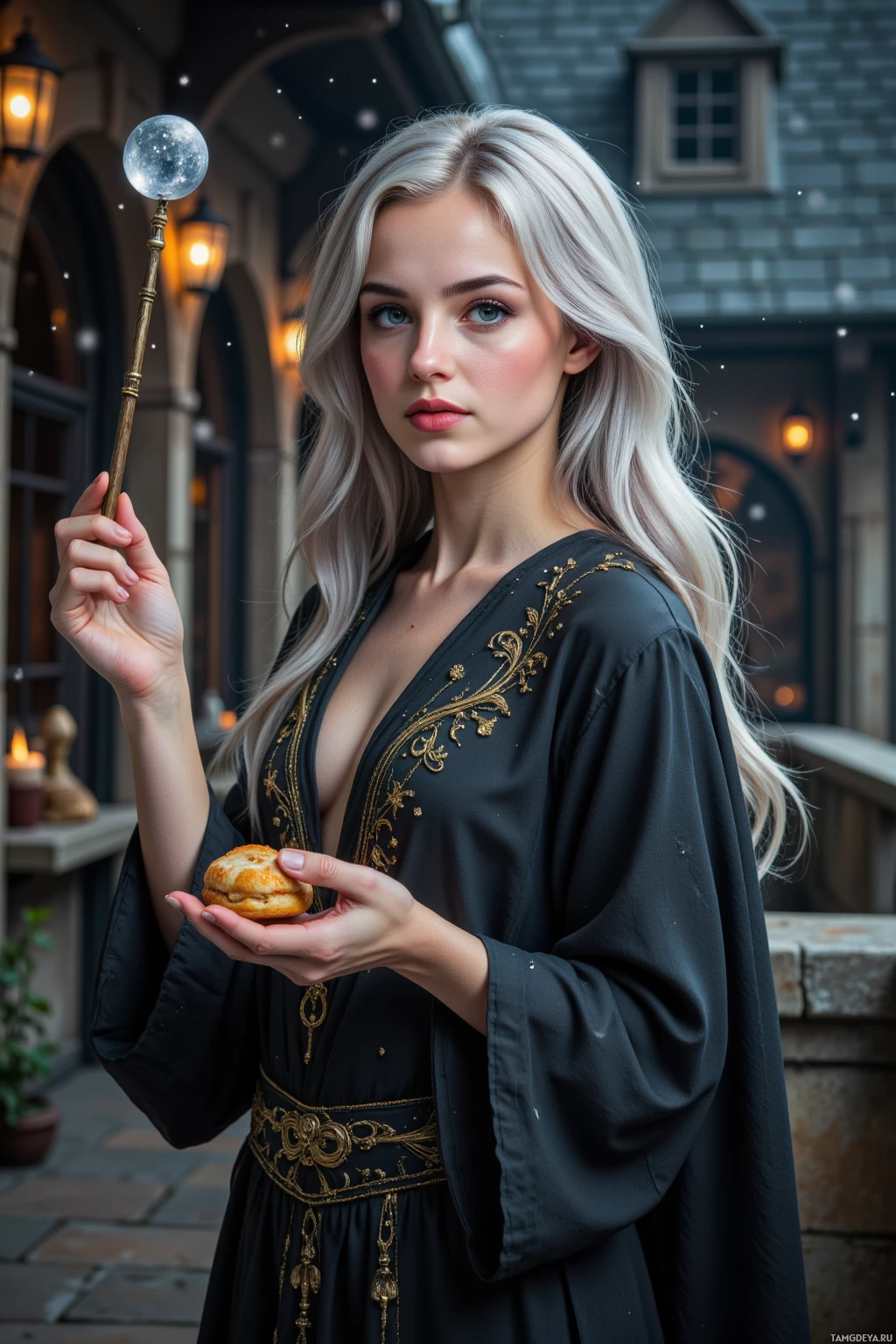 A woman in a black robe holds a wand and a pastry in a magical setting.