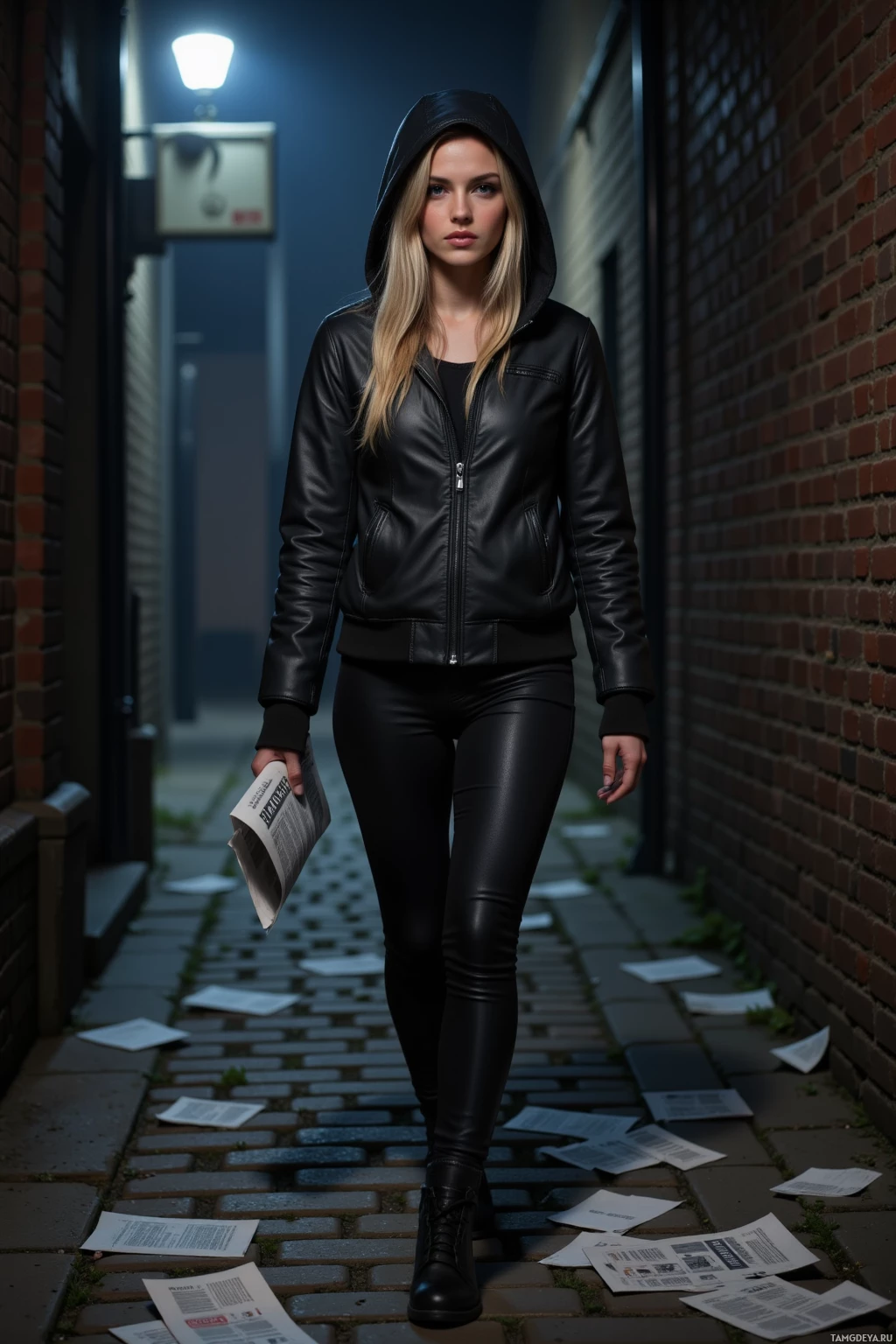 A person in a black leather jacket and pants walks down a dimly lit alleyway holding a newspaper.