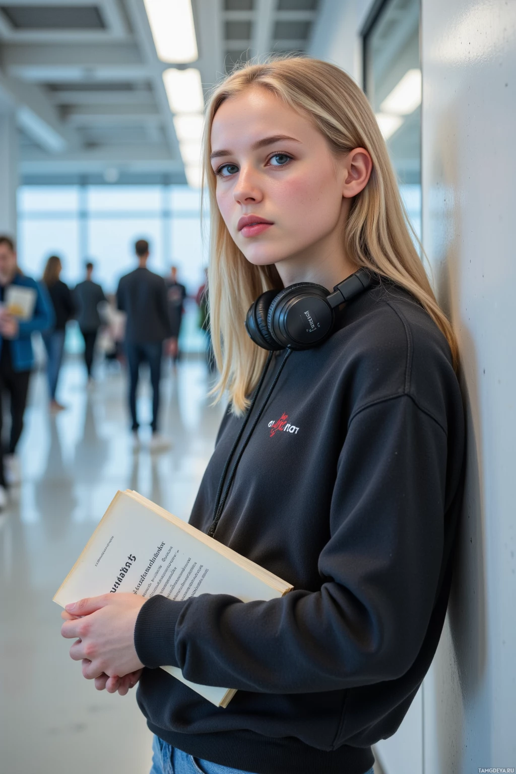 A person wearing a black hoodie and headphones stands in a hallway holding a book.