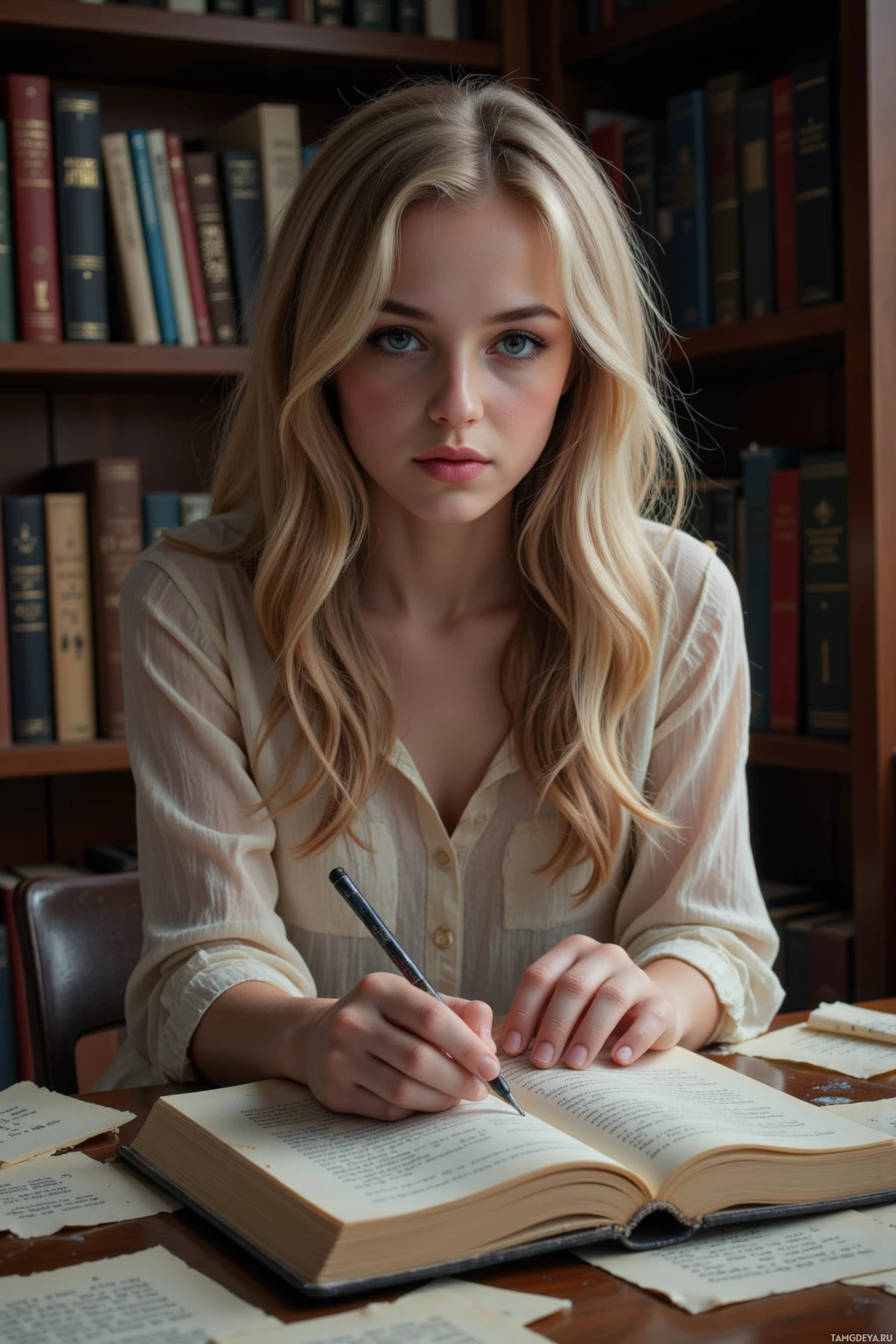 A young woman is sitting at a desk in a library, writing in a book with a pen.