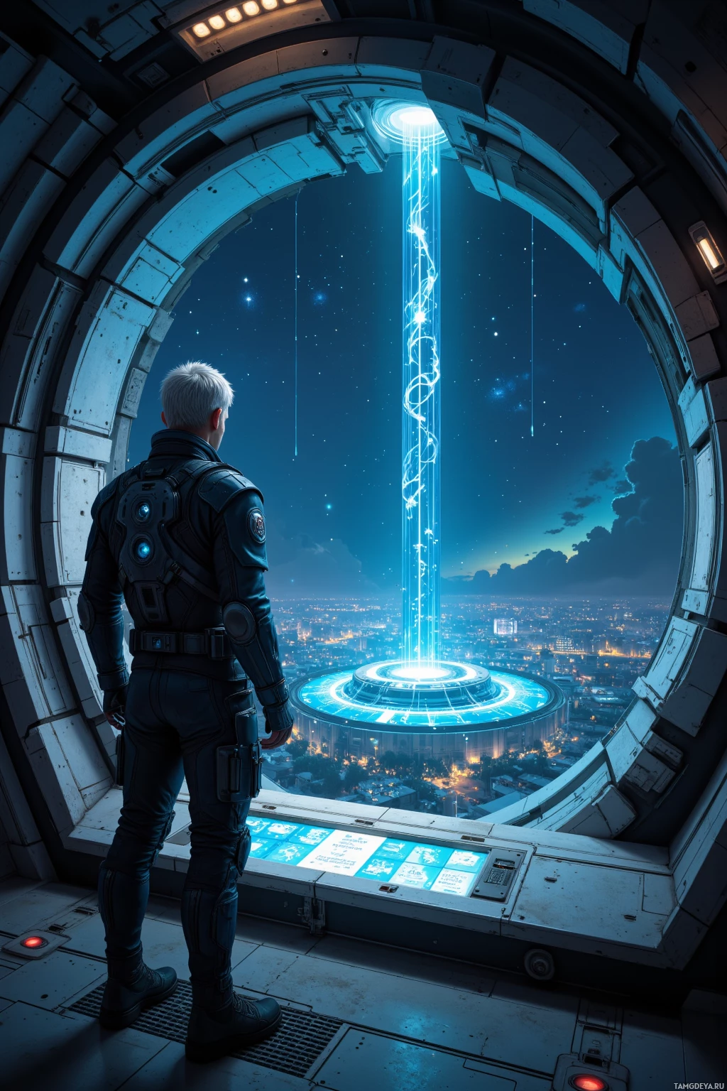 A person in futuristic armor stands at a circular window, gazing at a glowing vertical beam and a cityscape below.