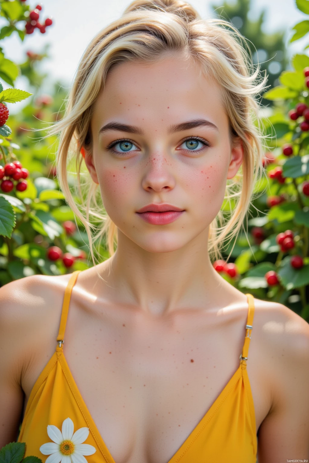A young woman with blonde hair and blue eyes wearing a yellow top with a white flower design, standing in a garden with red berries.