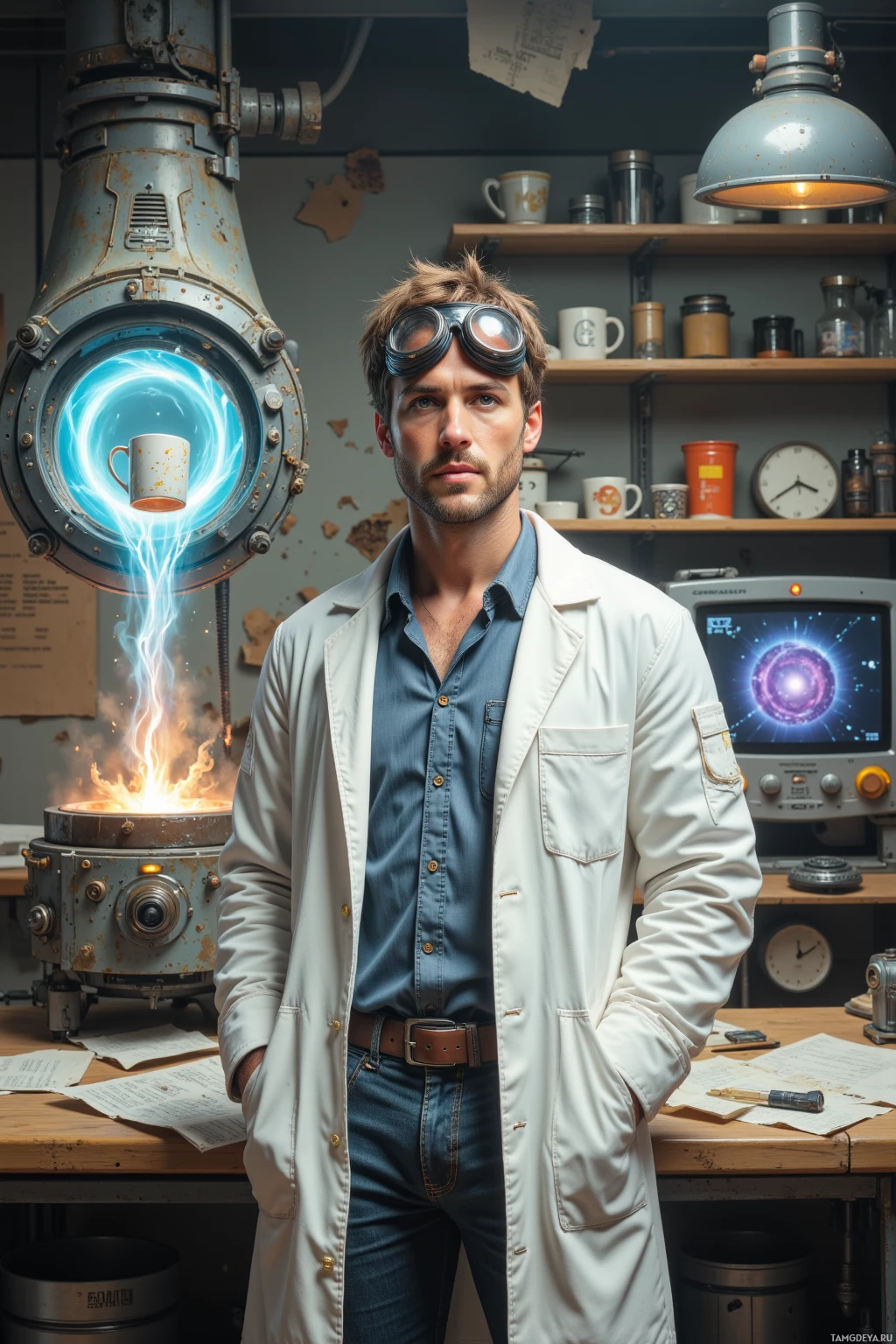 A man in a lab coat stands in a workshop with a glowing machine and various equipment around him.
