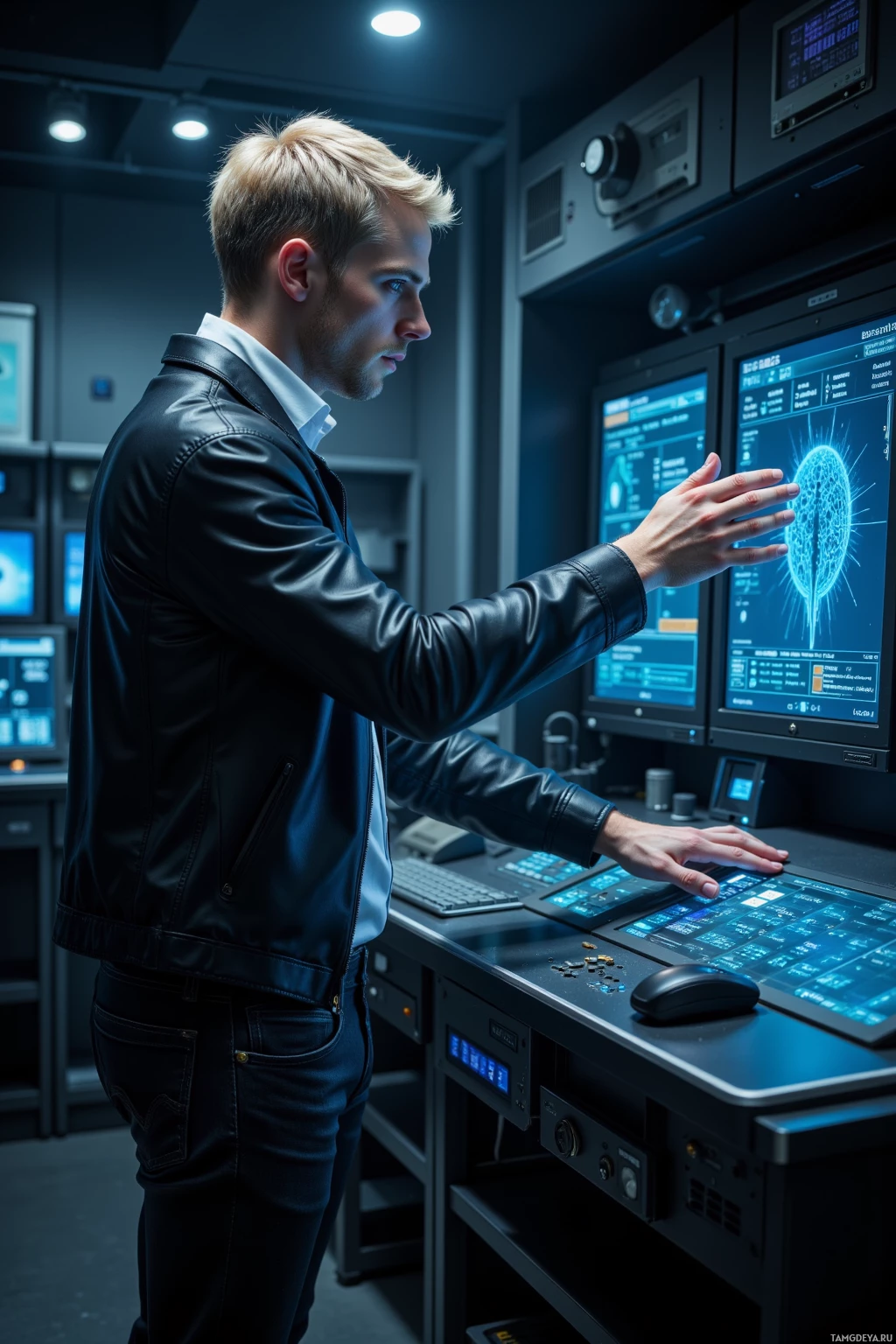 A man in a leather jacket stands in a dimly lit room, interacting with a futuristic control panel.