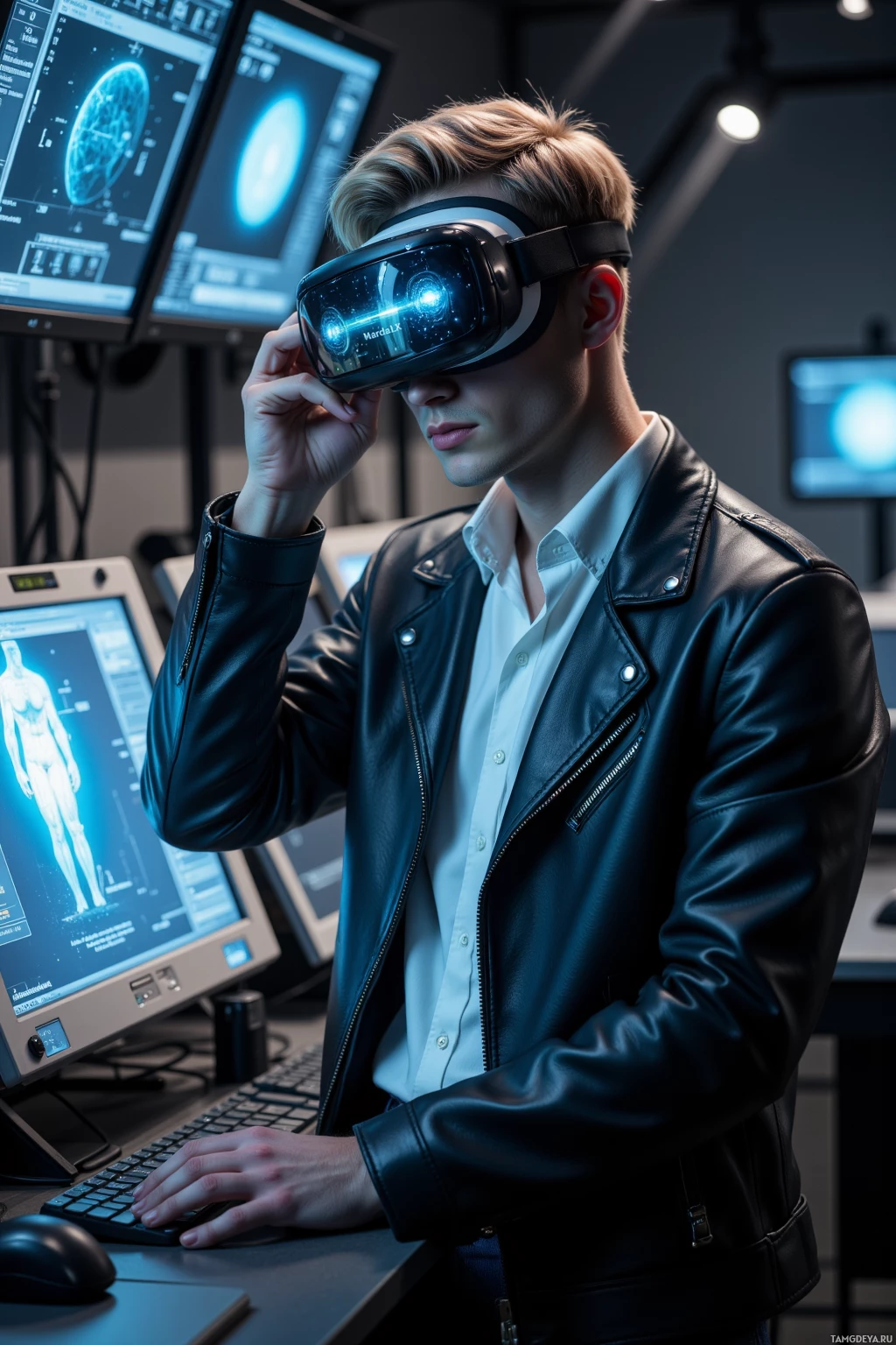 A person wearing a VR headset and a leather jacket is interacting with a computer in a modern, tech-focused environment.