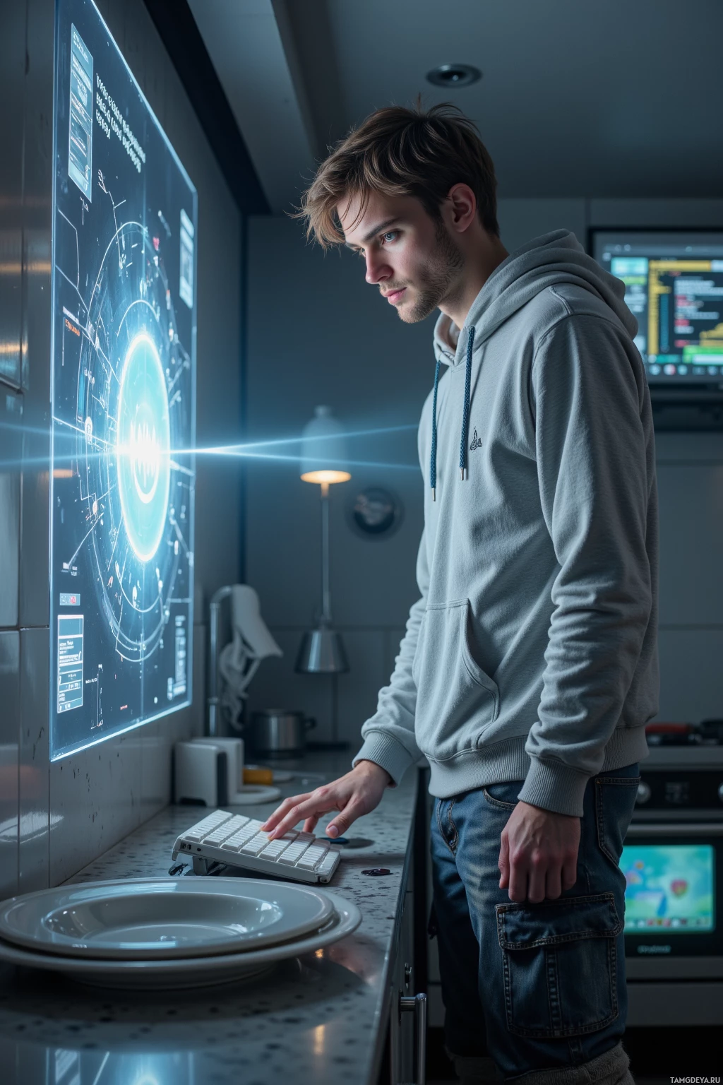 A person in a hoodie stands in a modern kitchen, interacting with a large, illuminated display.