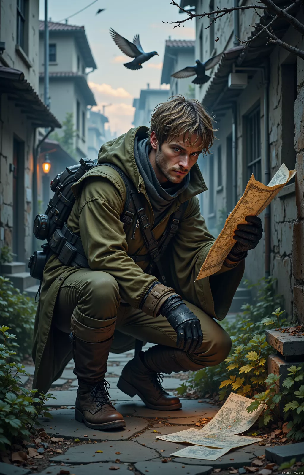 A man in a green jacket and backpack crouches on a cobblestone street, examining a map.