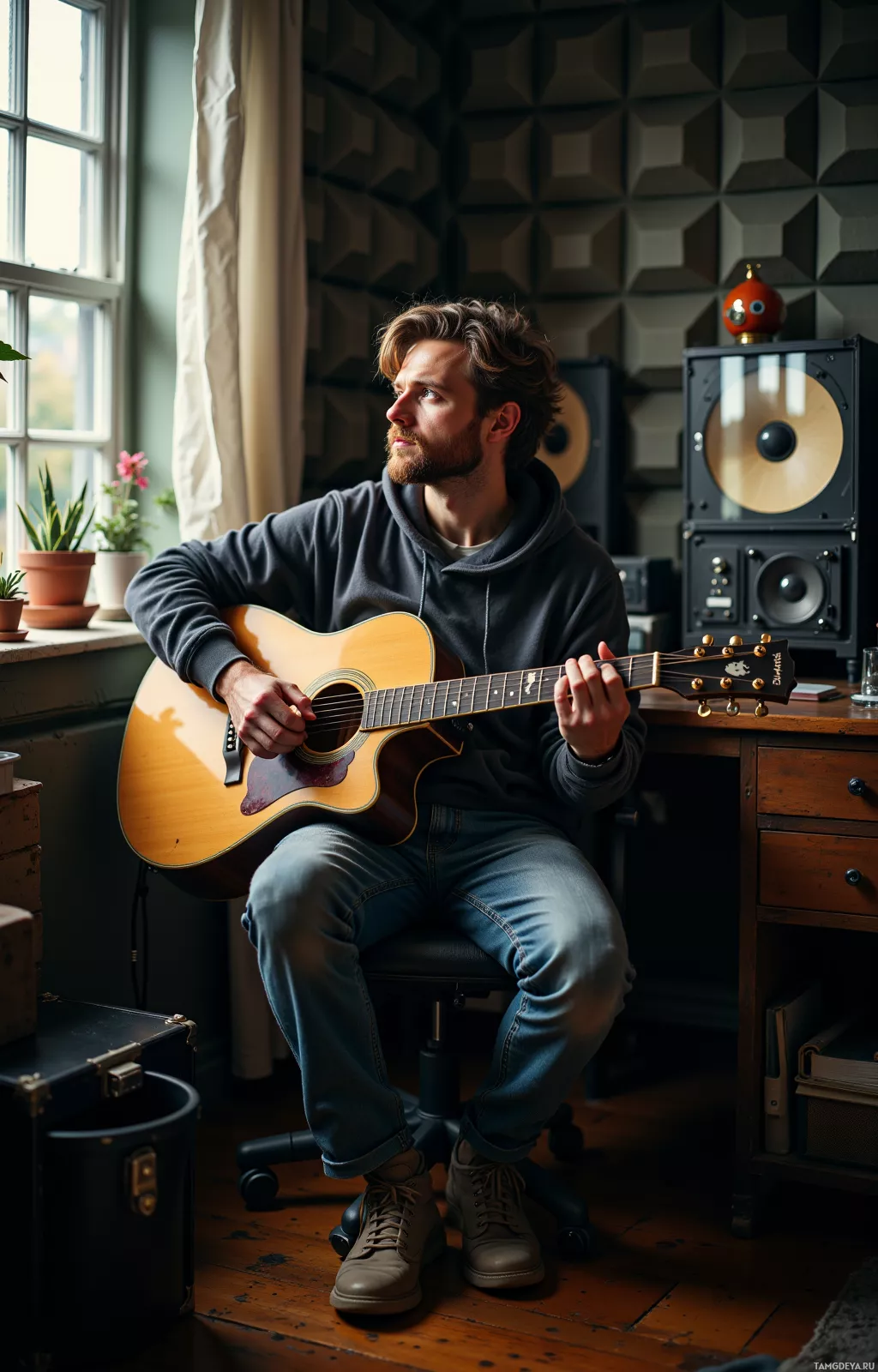 A man sits in a chair, playing an acoustic guitar in a room with acoustic foam panels and a window.