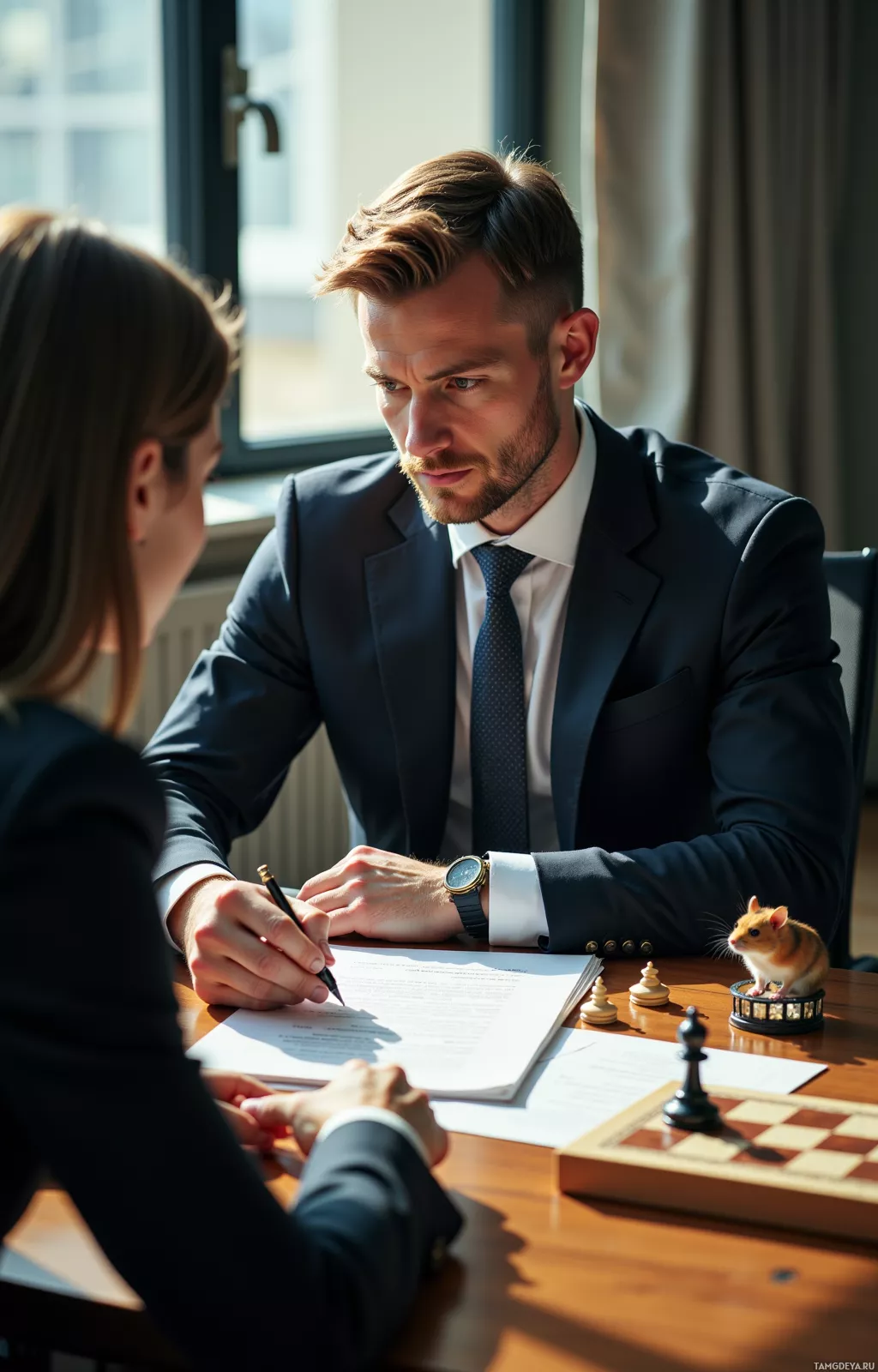 A man in a suit is signing a document at a desk with a chessboard and a small figurine nearby.