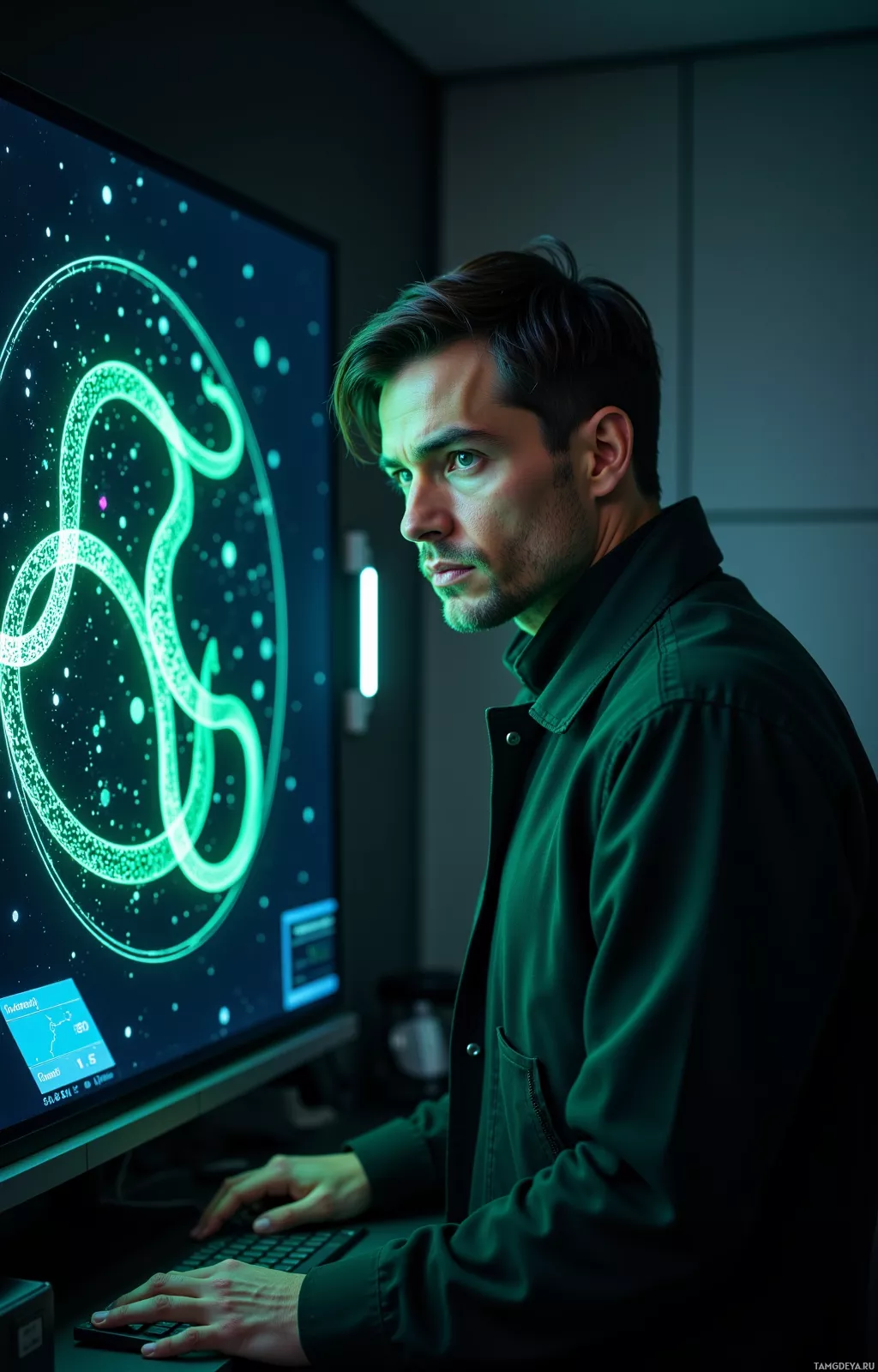 A person in a dark jacket is working at a computer with a glowing green display.