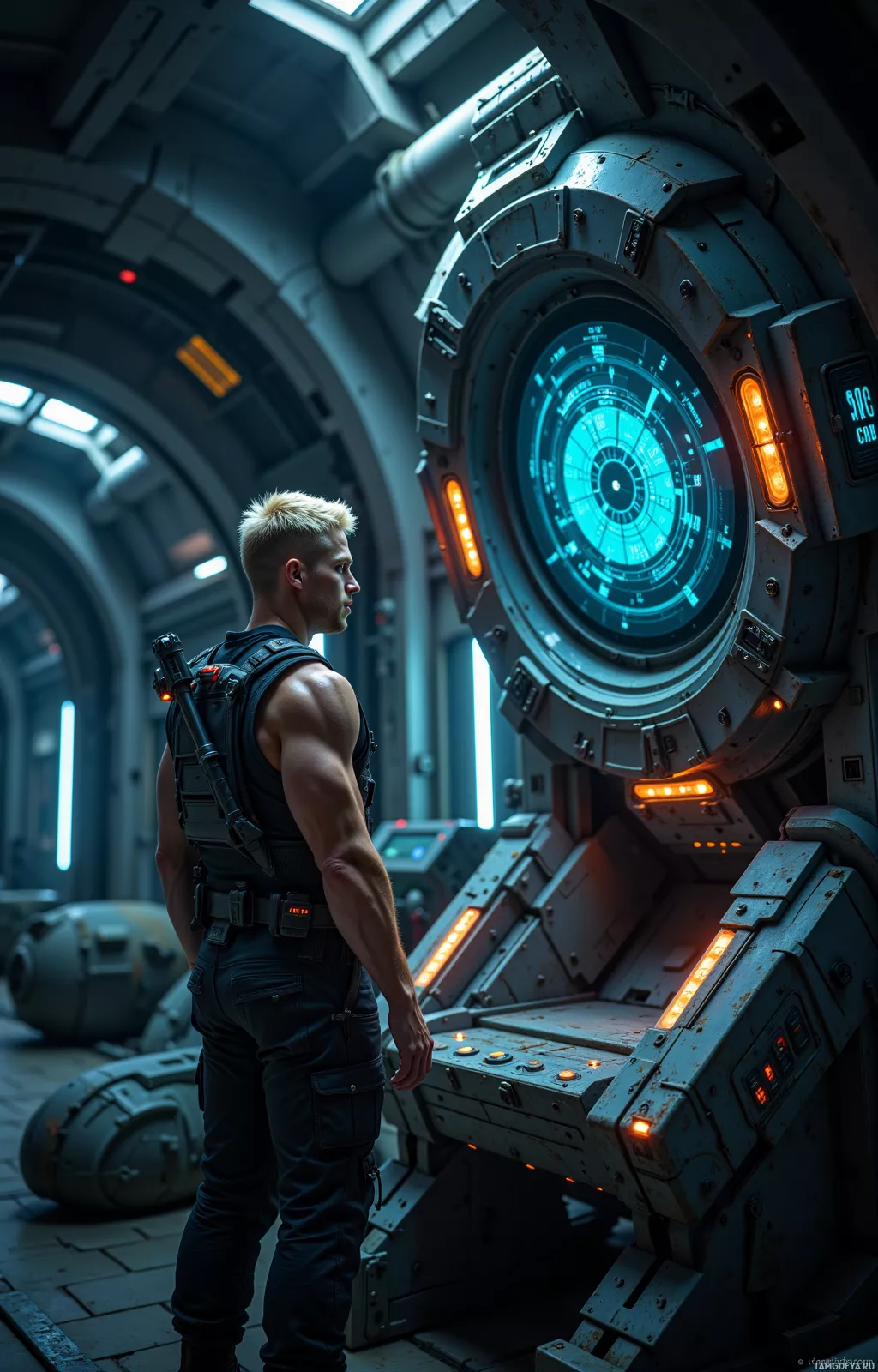 A muscular individual stands in a futuristic, dimly lit corridor, facing a large, illuminated control panel.