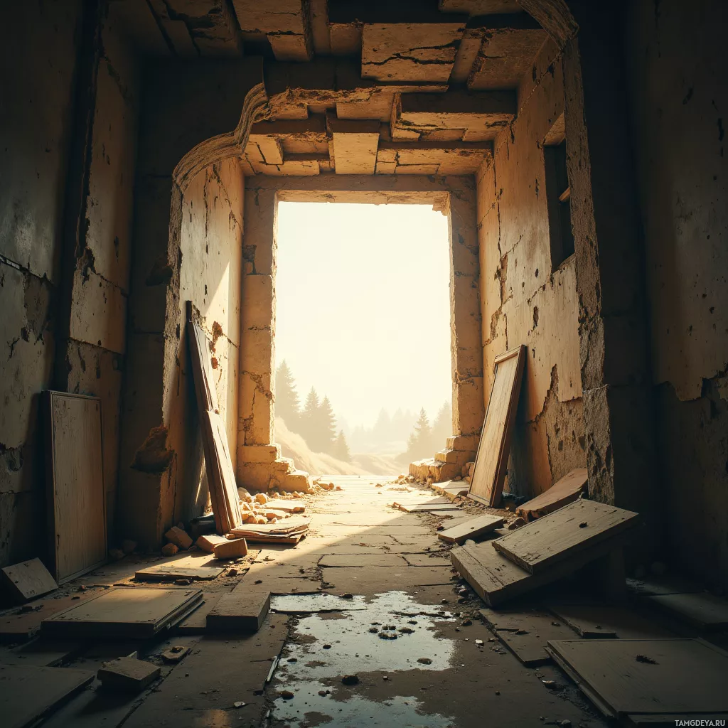 A dilapidated interior with a broken doorway leading to a bright, open landscape.