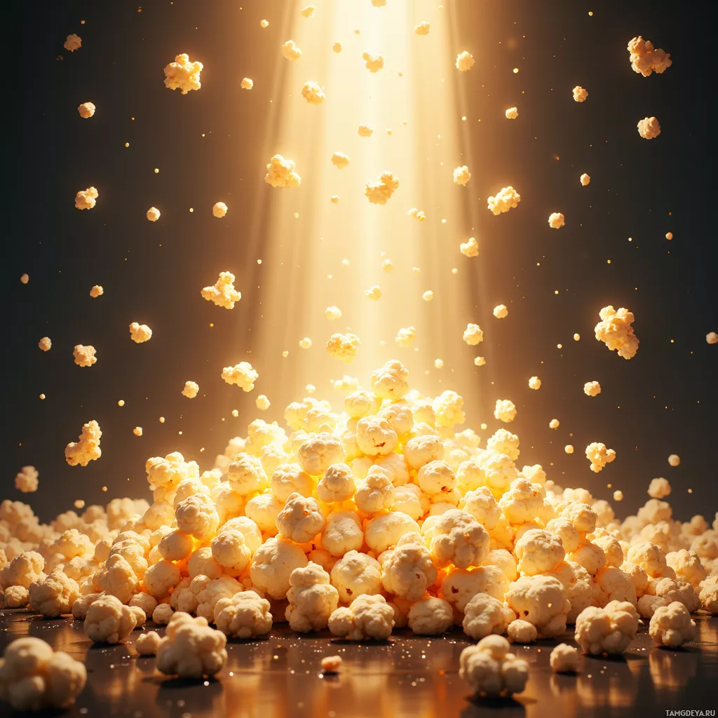 A dynamic pile of popcorn with light beams shining through.