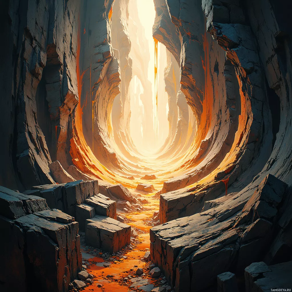 A narrow, rocky canyon with a bright light at the end.