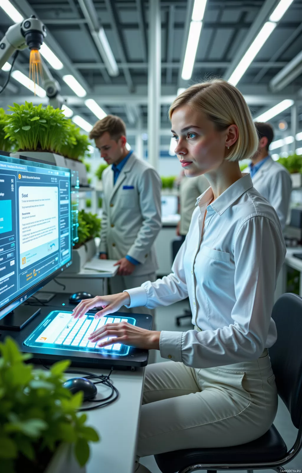 A woman in a lab coat works at a futuristic computer in a modern laboratory setting.