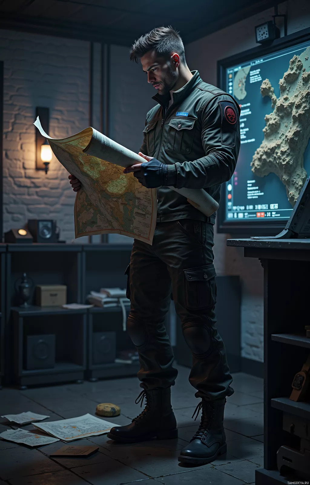 A man in military attire stands in a dimly lit room, examining a map.