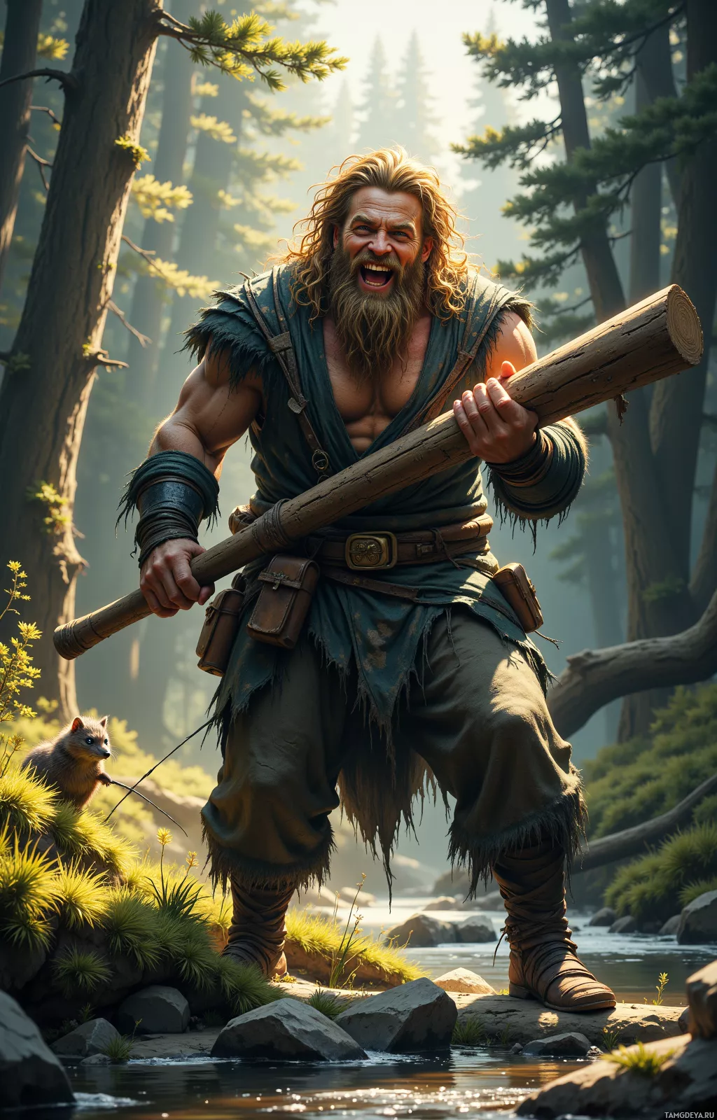 A rugged, bearded man in a forest setting, carrying a log and accompanied by a small animal.