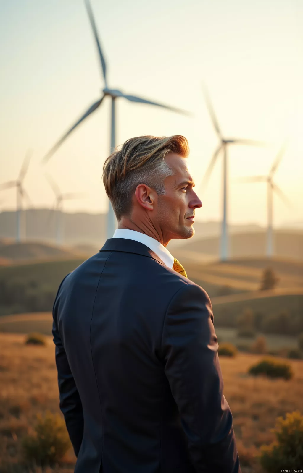 A man in a suit stands in front of wind turbines at sunset.