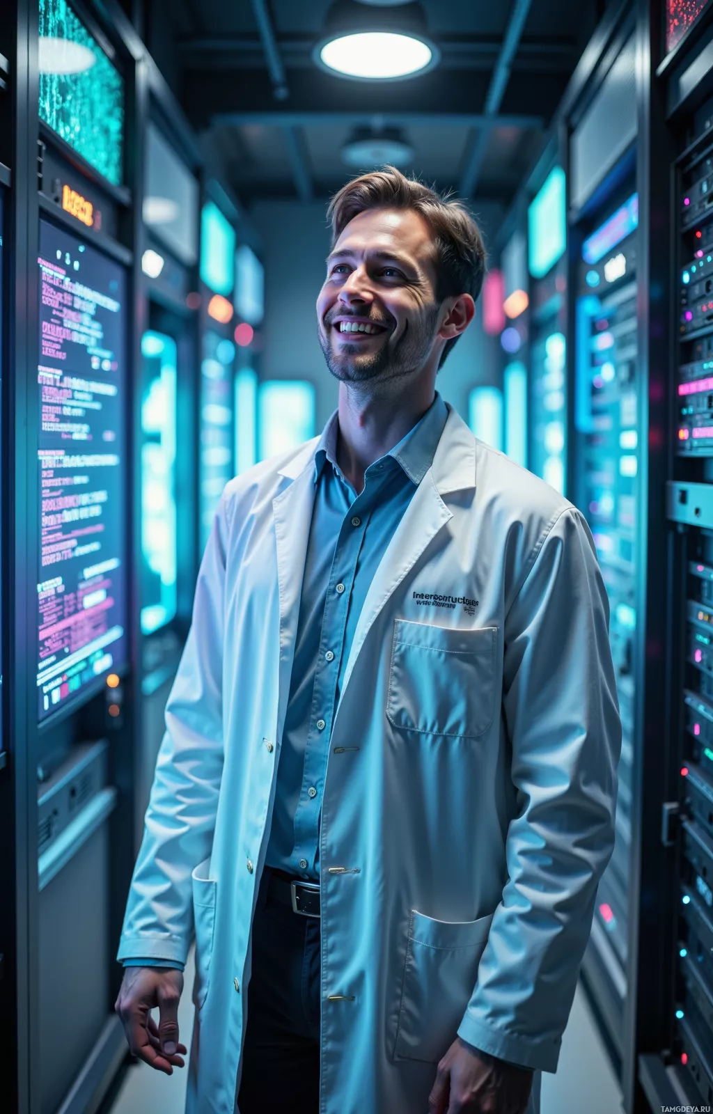A man in a lab coat stands in a server room, smiling.
