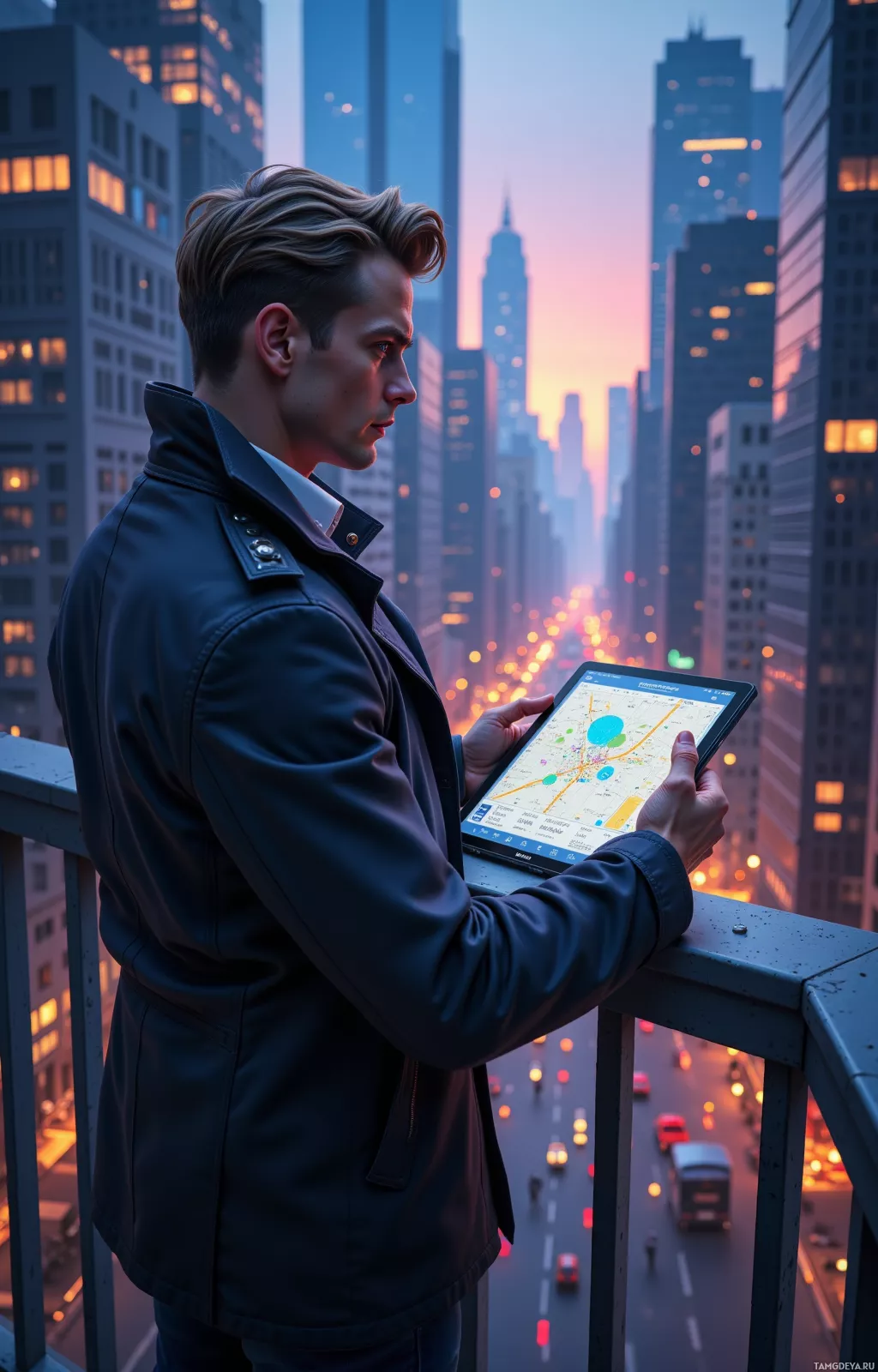 A man stands on a balcony overlooking a cityscape at dusk, holding a tablet displaying a map.