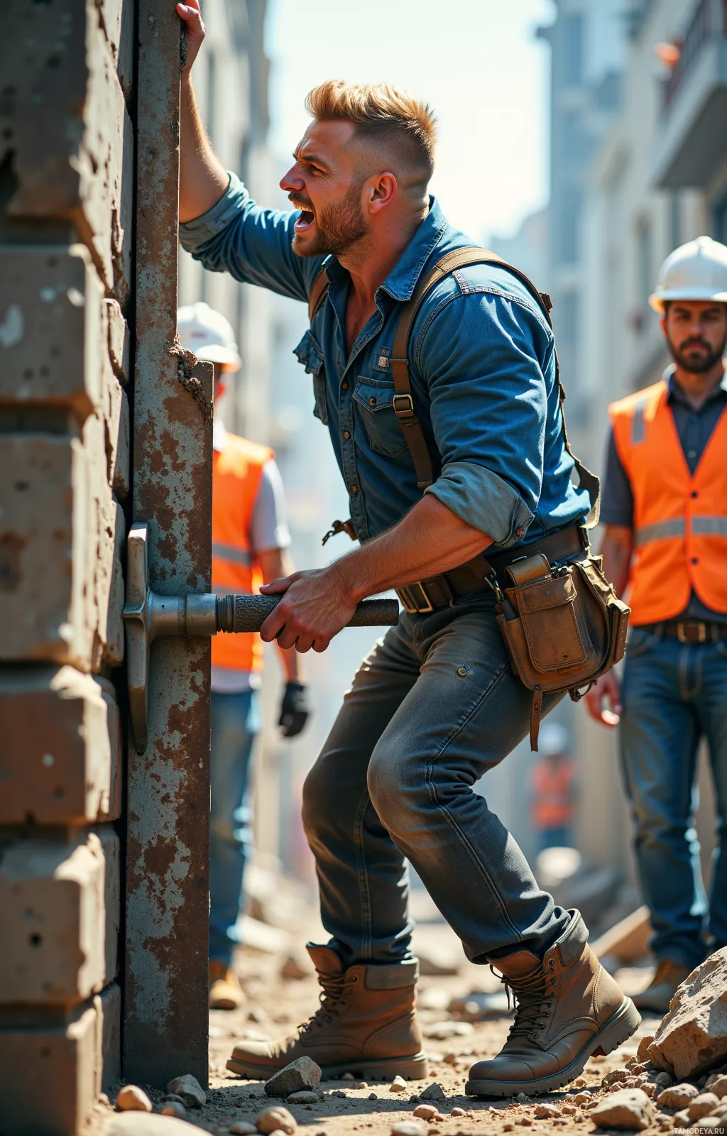A construction worker in a denim shirt and jeans uses a jackhammer on a concrete pillar while another worker in an orange vest stands nearby.