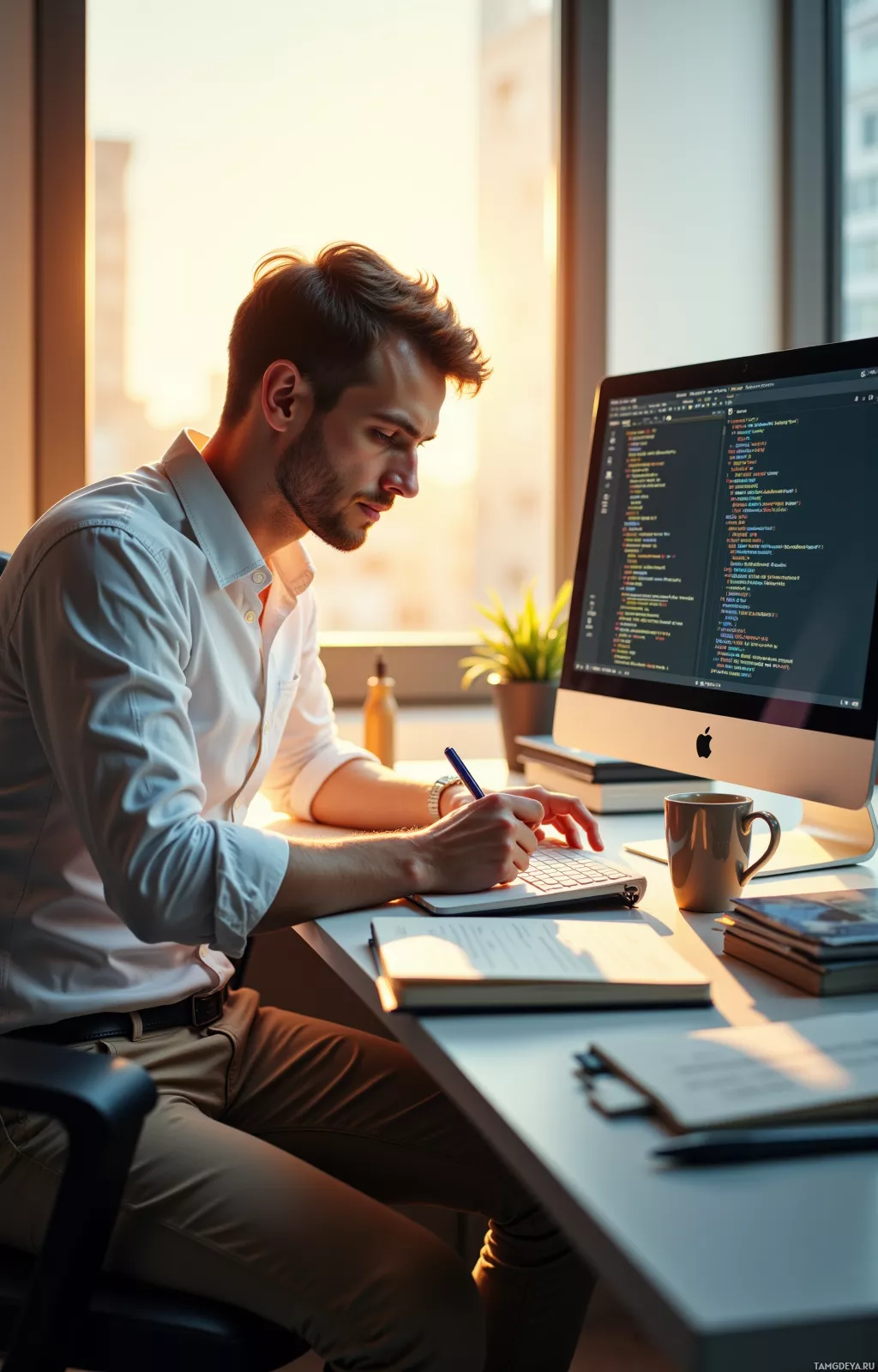 A person is working at a desk with a computer, taking notes in a notebook.