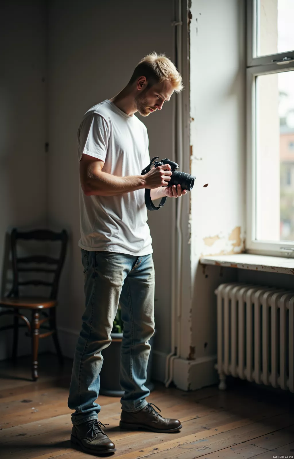A man stands indoors, holding a camera and looking down at it.