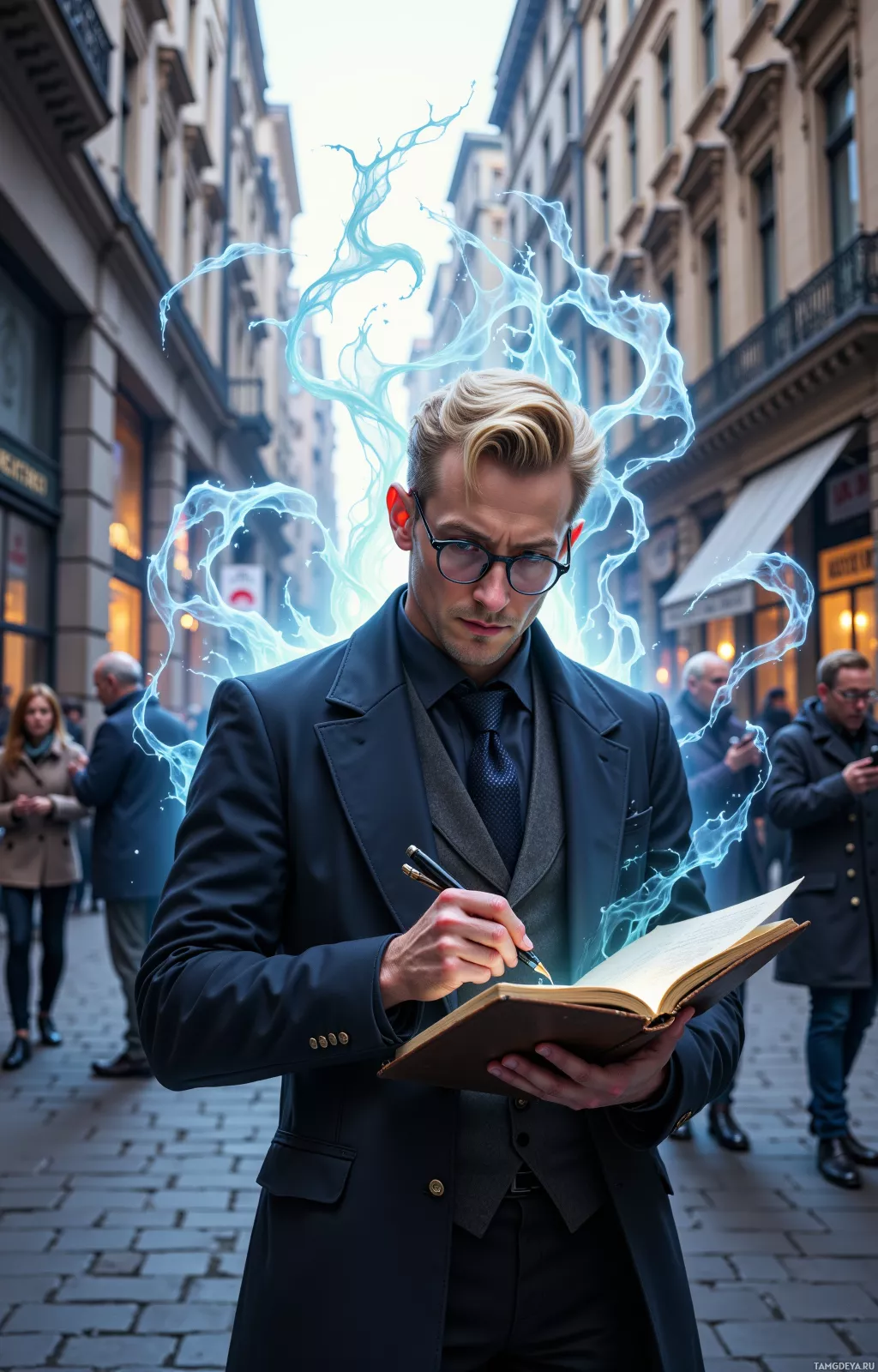 A man in a suit writes in a book with a glowing blue aura surrounding him.