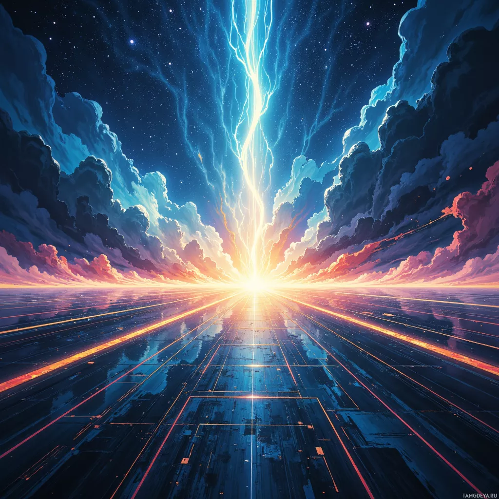 A vibrant cosmic scene with a bright light source, streaks of light, and a starry sky.